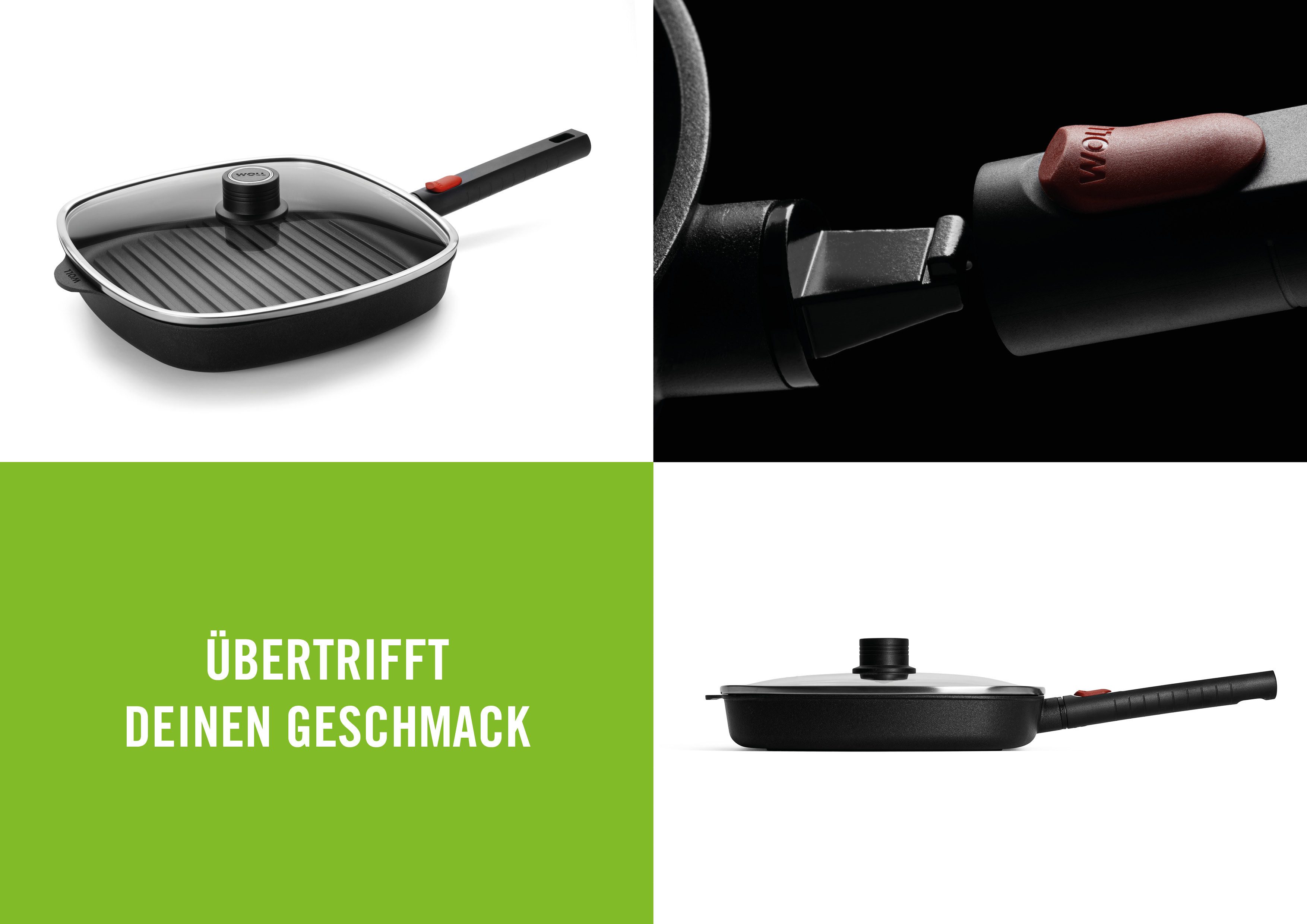 WOLL MADE IN GERMANY Grillpfanne Logic inkl. Deckel, Aluminiumguss, Abnehmbarer Stiel