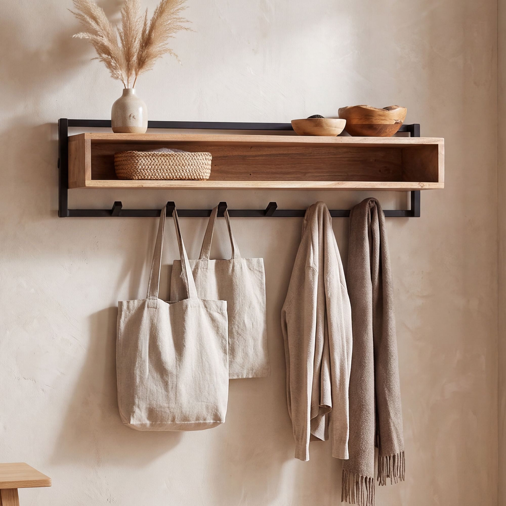FINEBUY Wandgarderobe FB118750 Hängegarderobe 90cm Garderobe Flurgarderobe Massivholz Metall (Garderobenpaneel mit sechs Haken für deinen Flur), Garderobenleiste mit offener Ablage