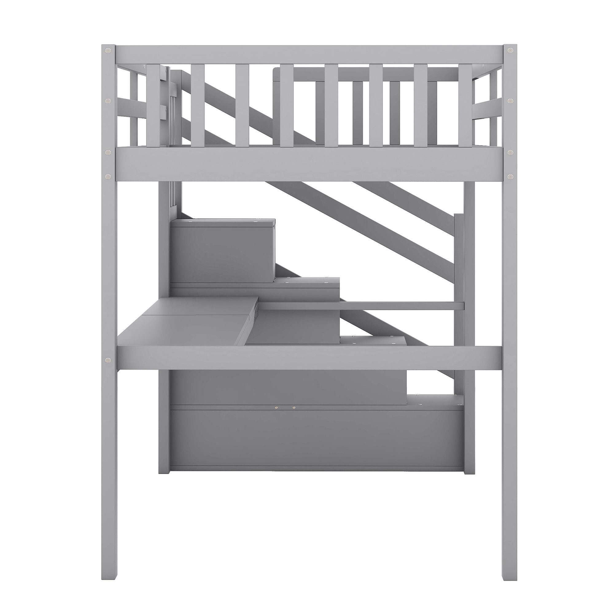 Etagenbett Grau Hochbett Treppe, Kiefer und 4 Schreibtisch Kinderbett mit 90x200cm Merax