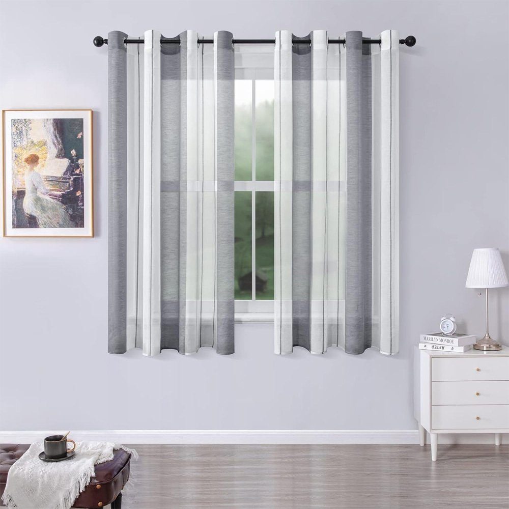 Gardine Voile Gardinen mit Ösen, 2er Set Halbtransparent Streifen Kurz Vorhang