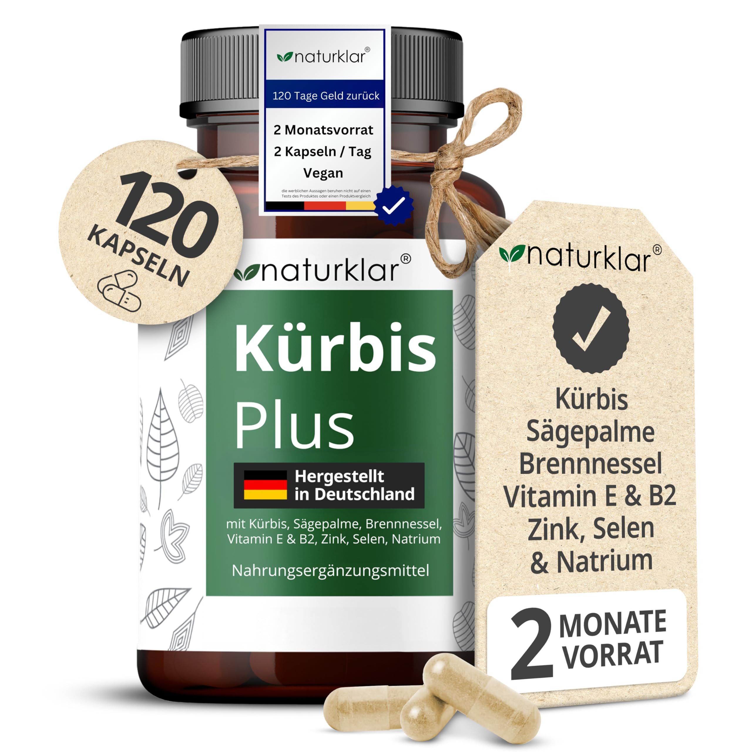 Naturklar Sägepalmenextrakt & Kürbiskernextrakt - 8 Fach Kombi Kapseln, mit Brennnesselextrakt, Vitamin E, Zink, Selen & Natrium à 85 g, mit Brennnesselextrakt, Vitamin E, Zink, Selen & Natrium