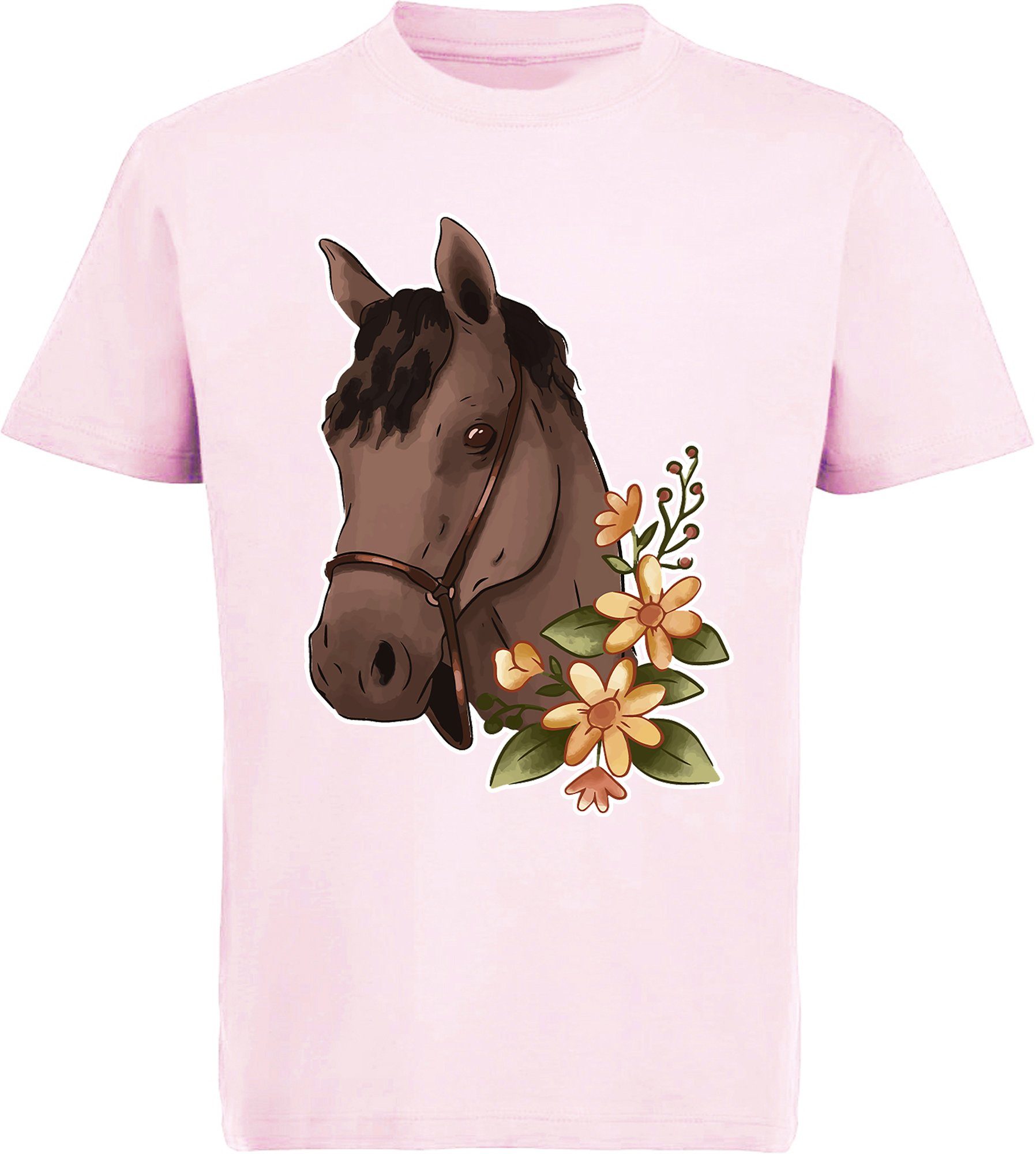 MyDesign24 Print-Shirt mit Baumwollshirt Brauner Blumen i182 - Aufdruck, und Kinder Pferdekopf T-Shirt Mädchen bedrucktes