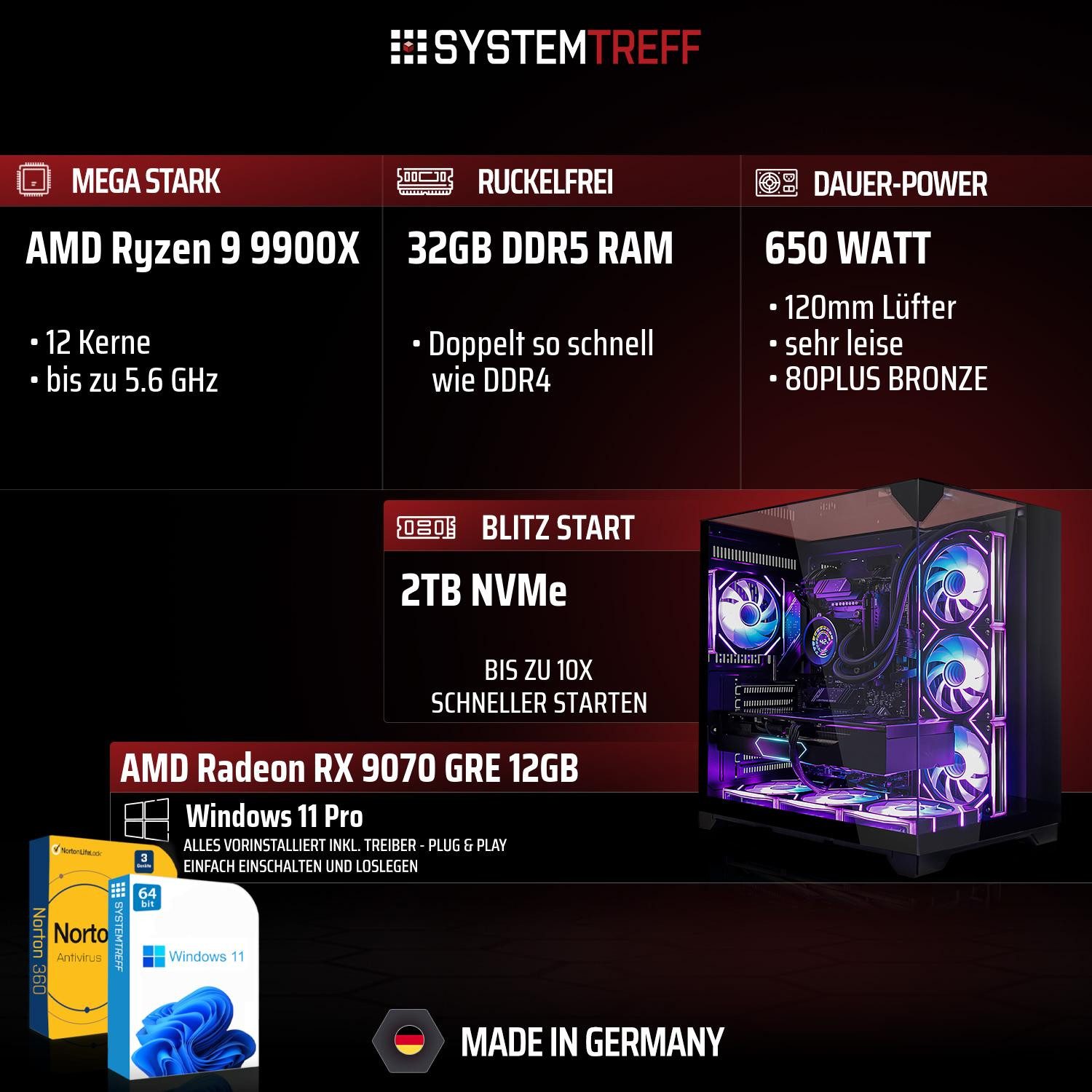 SYSTEMTREFF AMD Ryzen 9 9900X mit AMD Radeon RX 9070 GRE 12GB Gaming-PC (AMD 9900X 9900X, Radeon RX 9070 GRE, 32 GB RAM, 2000 GB SSD, Wasserkühlung)