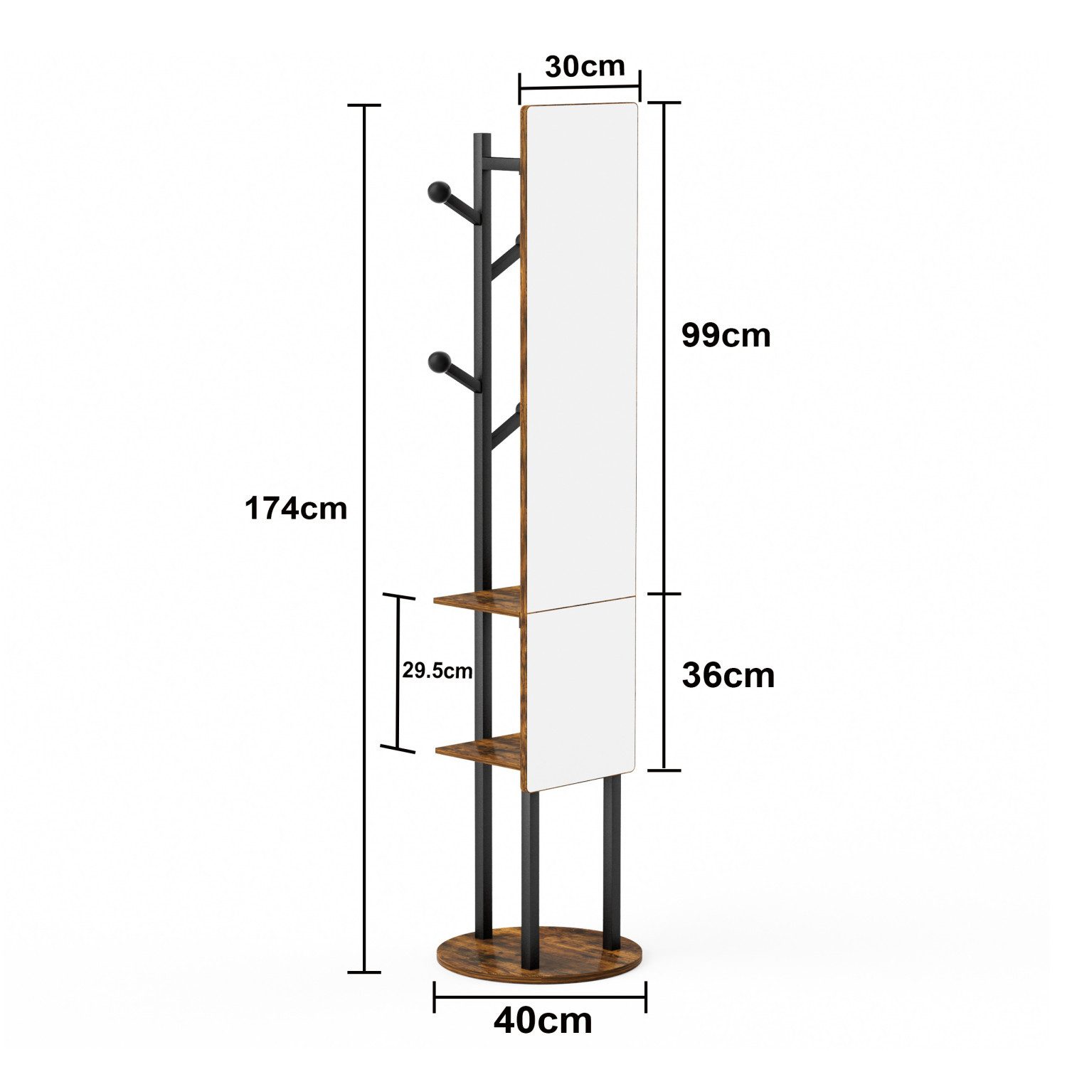 ANYSUN Ganzkörperspiegel Garderobe mit Stauraum 360°drehbarer multifunktionaler Kleiderständer (174*40 cm,Garderobe mit Haken), 2-in-1-Standspiegel,Ganzkörpersp – Bild 3 von 5