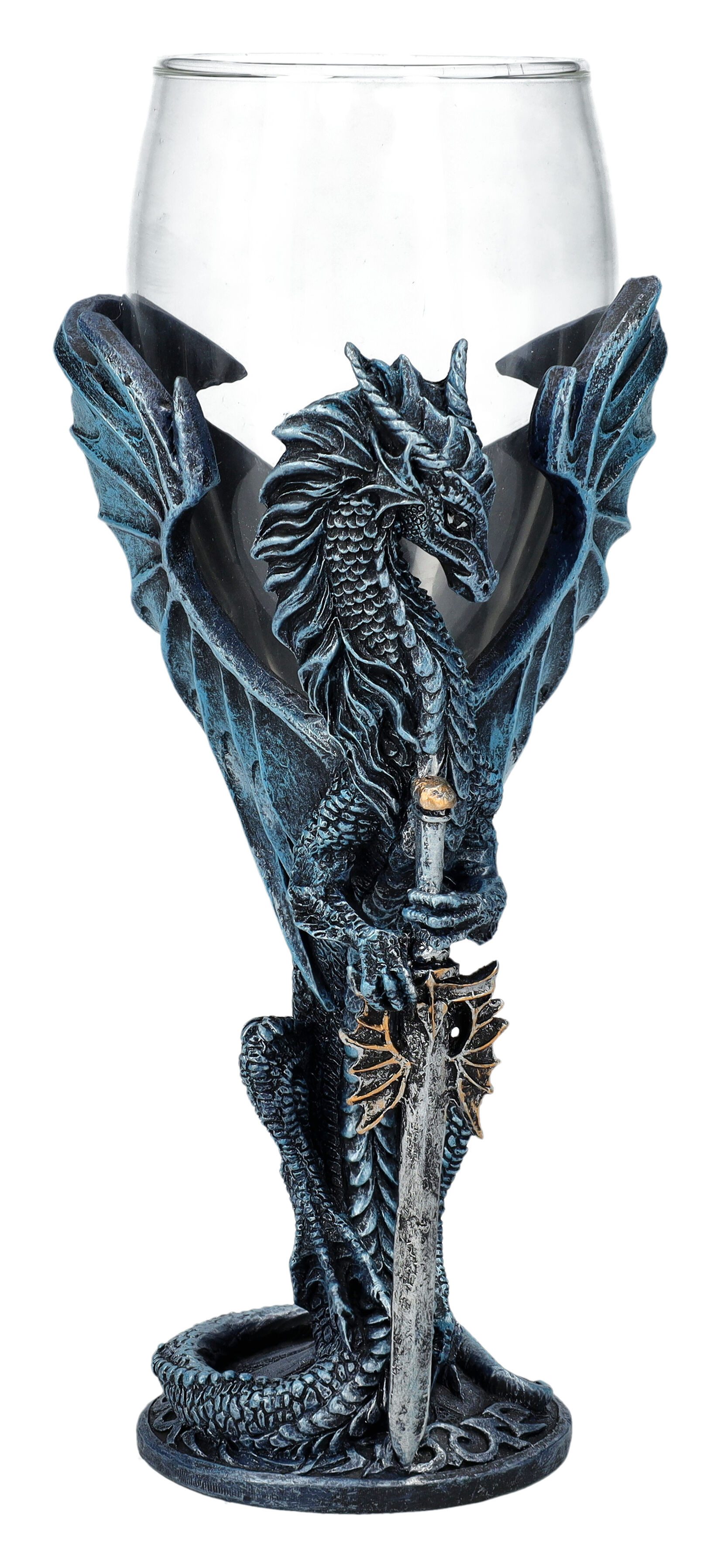 Figuren Shop GmbH Becher Glas Kelch Drache - Sea Blade - Weinkelch Fantasy Drachenfigur Deko, Kunststein (Polyresin), Glas