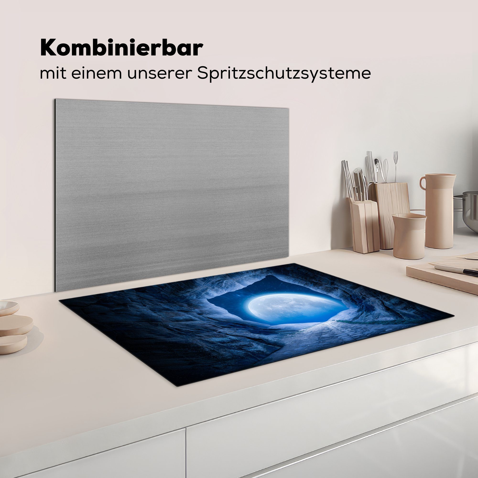 Ceranfeldabdeckung, - Universum tlg), Höhle Herdblende-/Abdeckplatte Vinyl, Blau, küche Arbeitsplatte - Weltraum MuchoWow - 77x51 cm, für Mond - (1