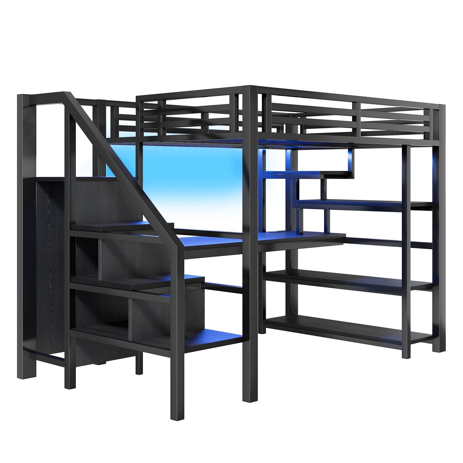 Autolock Children's Bed 140x200cm Metal Loft Bed, Children's Bed with Stairs, Open Wardrobe, Integrated Desk, Storage Compartments, USB Charging Station + LED Lighting