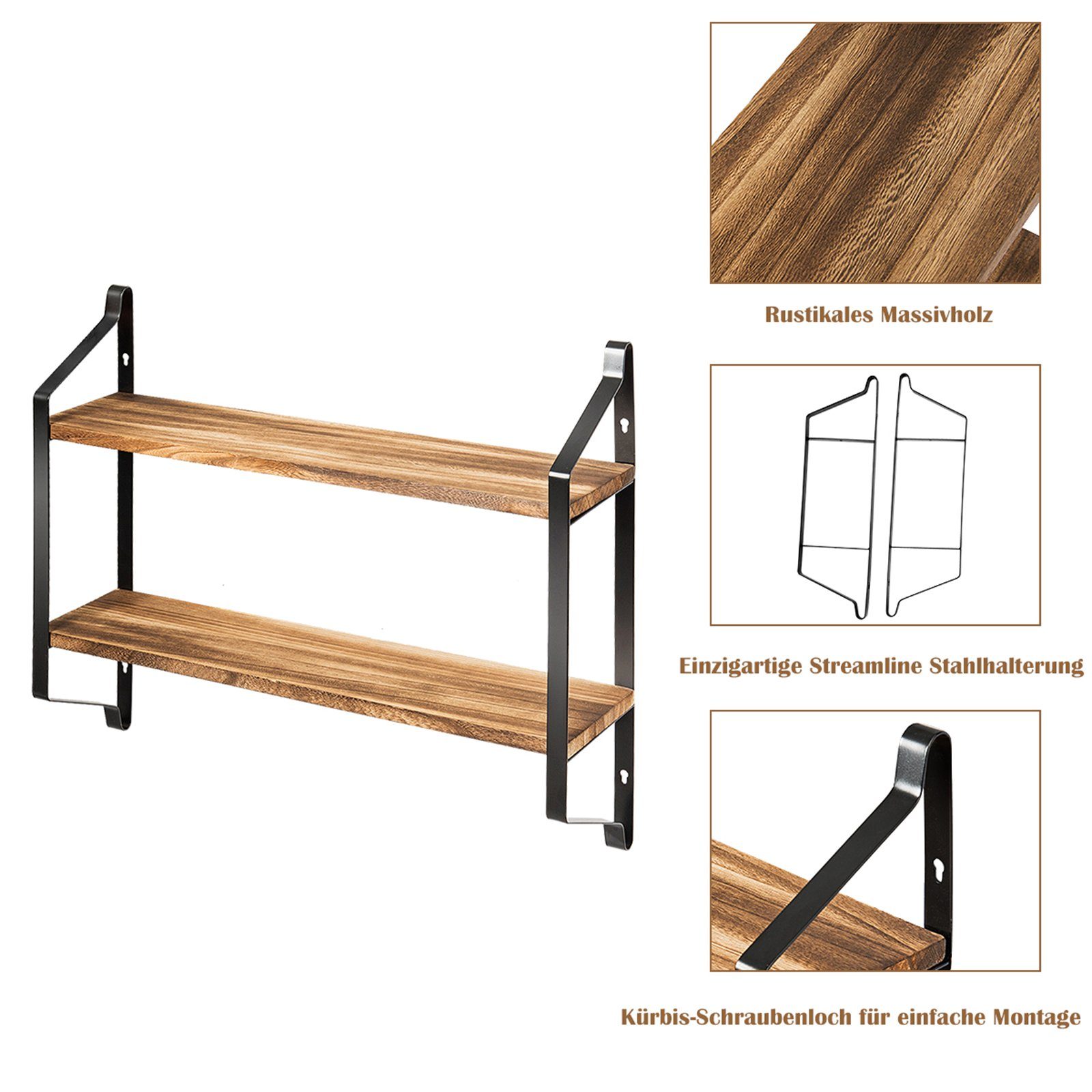 2 Ebenen 60x15x51cm Wandregal Lagerregal, für Küche, Holz+Metall, COSTWAY