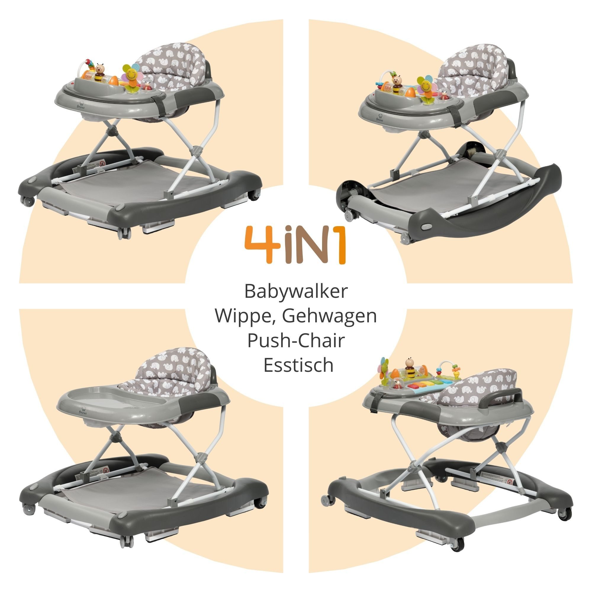 Bronea Lauflernhilfe 4-in-1 Lauflernwagen Gehfrei Baby Schaukel Lauflernhilfe Babywalker, Abnehmbares Spielpaneel - Wippfunktion - Leise gummierte Reifen