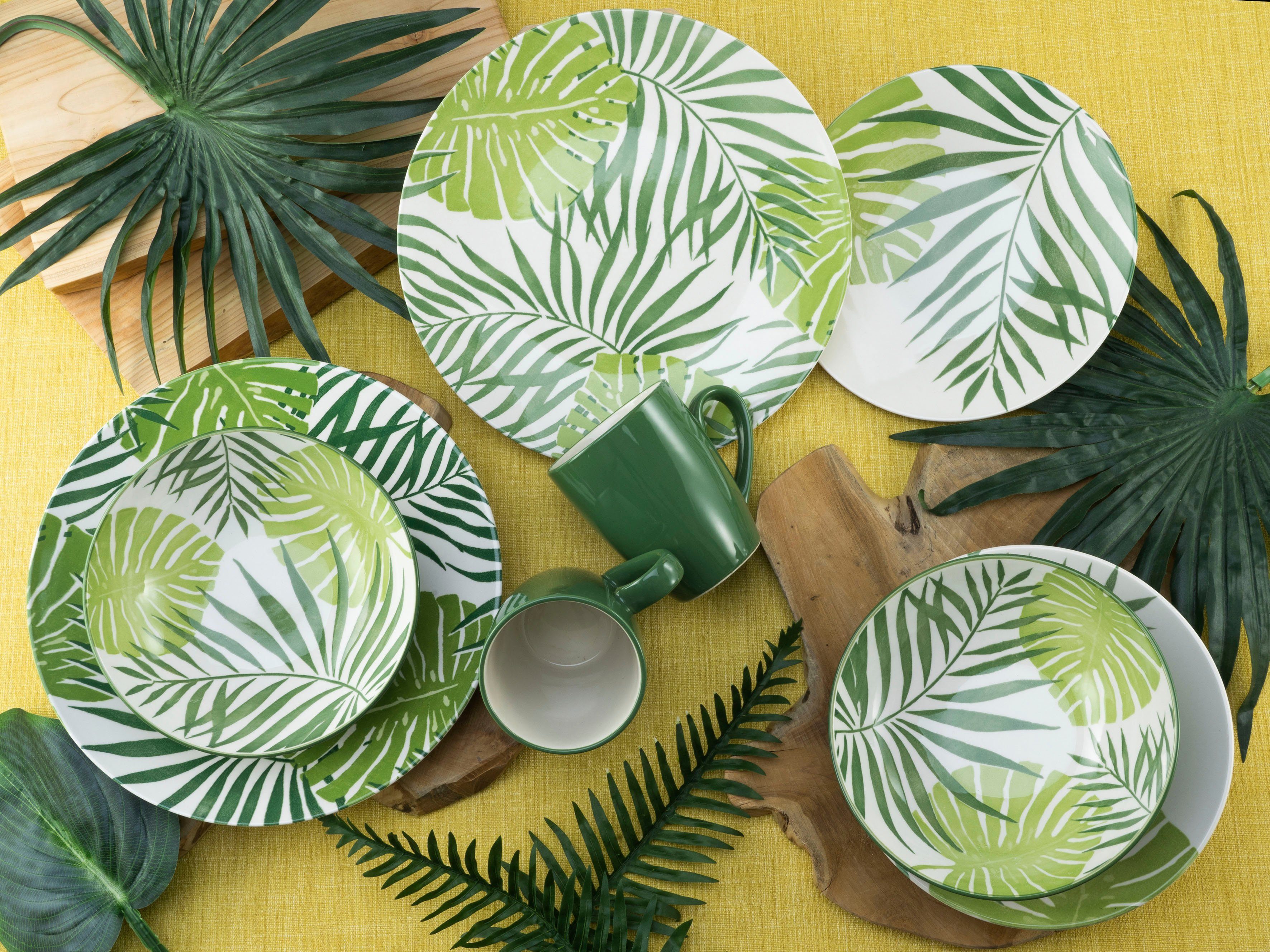 Blätter Green coolem tropischer Dekor Tropicana (16-tlg), in Grün Mix 4 Steinzeug, Kombiservice vollflächiger Personen, CreaTable