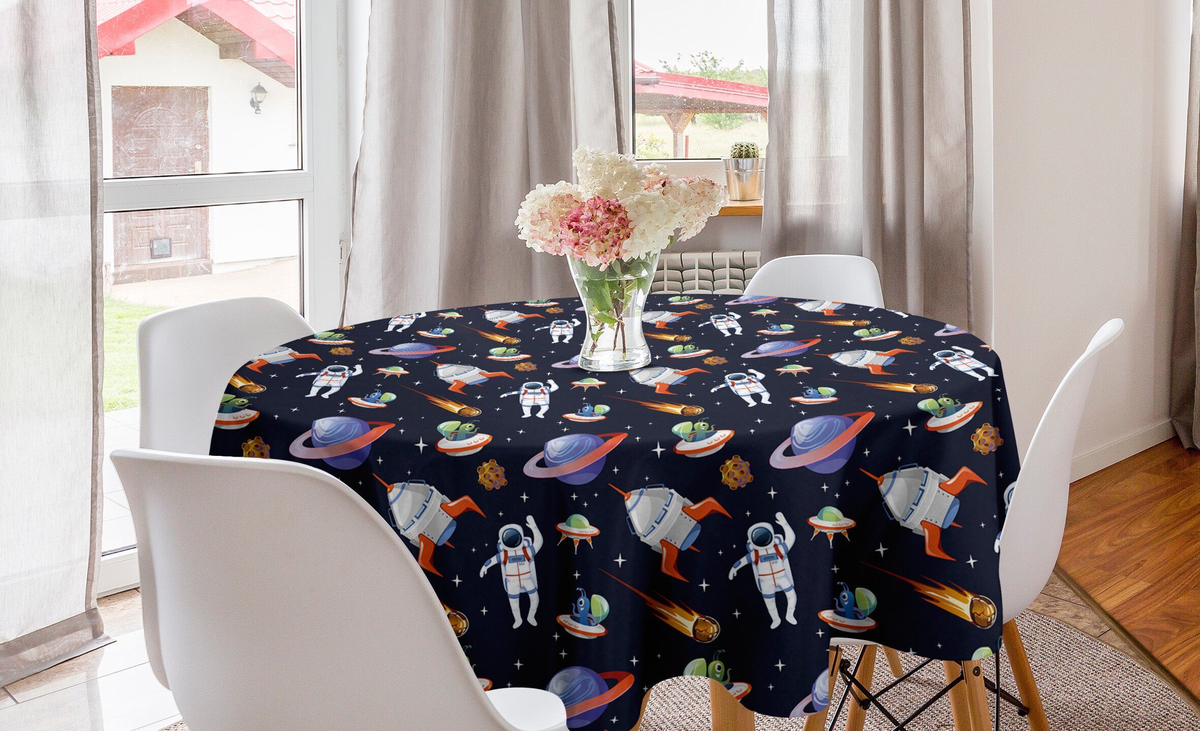 für Tischdecke Kreis Esszimmer Galaxy UFO Astronaut Tischdecke Abdeckung Asteroid Dekoration, Abakuhaus Ausländer Küche