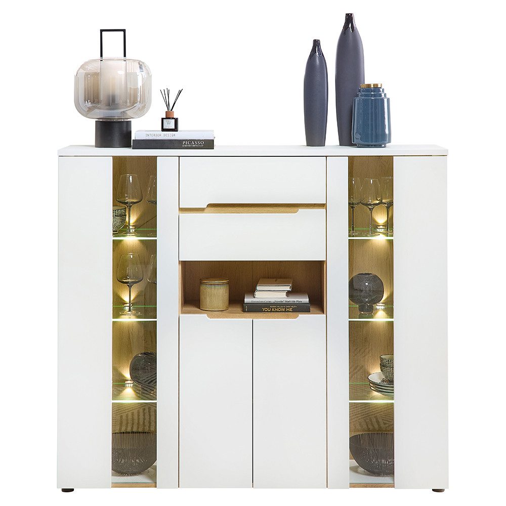 Lomadox Highboard MANRESA-36-WHITE, 145 cm breit, weiß supermatt mit Eiche, mit LED-Beleuchtung, grifflos