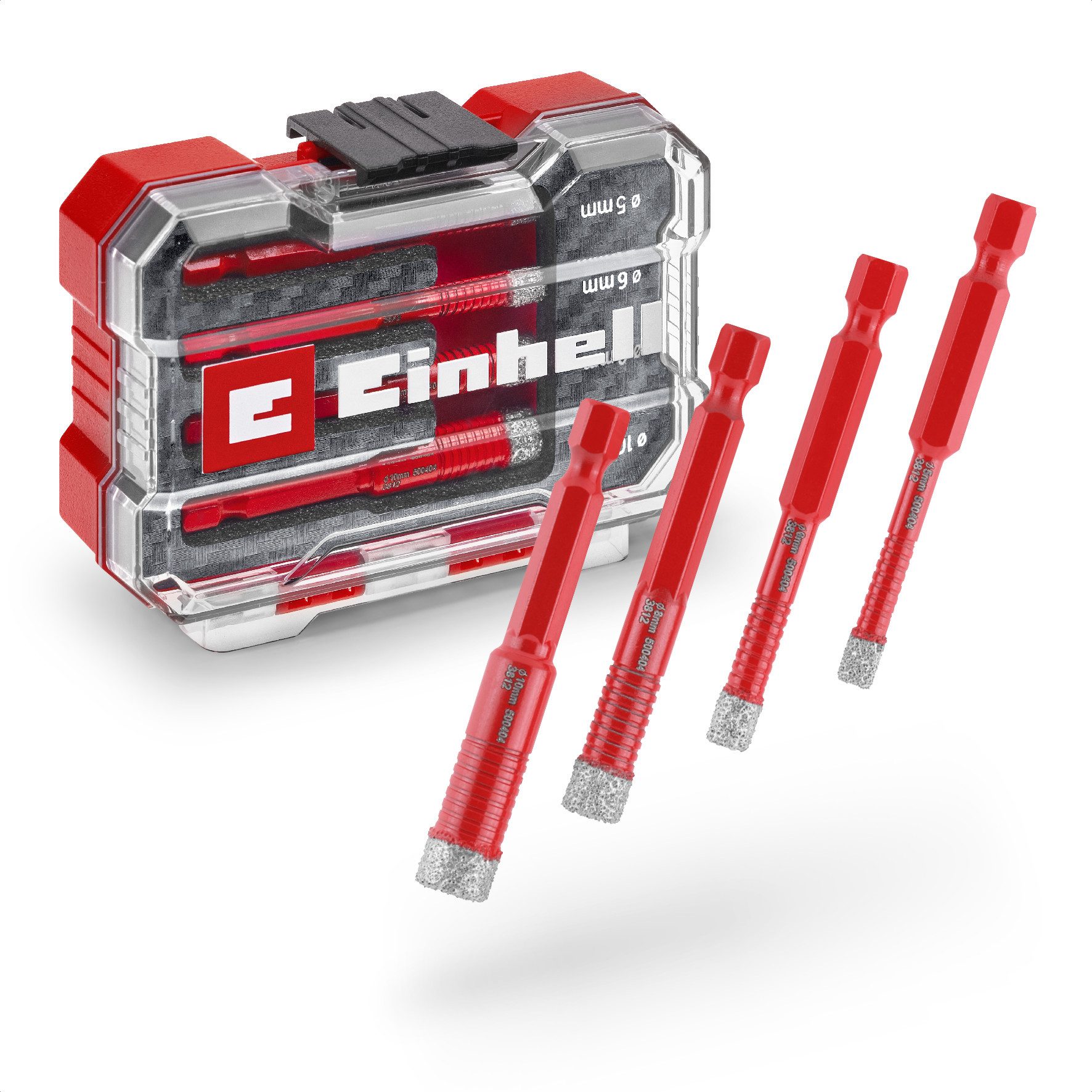 Einhell Bohrer- und Bit-Set Original Einhell XS-CASE 4-tlg. Diamant-Fliesenbohrer-Set (Trockenschn, (4x Fliesenbohrer (5 / 6 / 8 / 10 mm), 1x Aufbewahrungsbox (10,8 x 7,5 x 3,5 cm), 4-tlg), XS-CASE 4-tlg. Diamant-Fliesenbohrer-Set (Trockenschnitt, 7-mm-Diamant