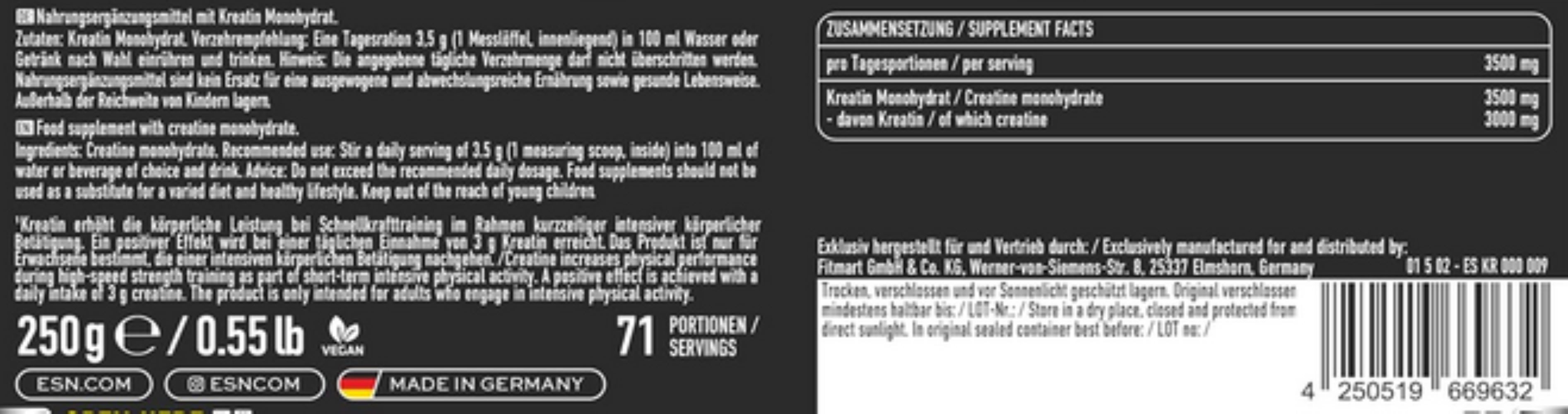 ESN ESN Ultrapure Creatine Monohydrat 250g Pulver, 250 g, 100 % reines Creatine Monohydrat