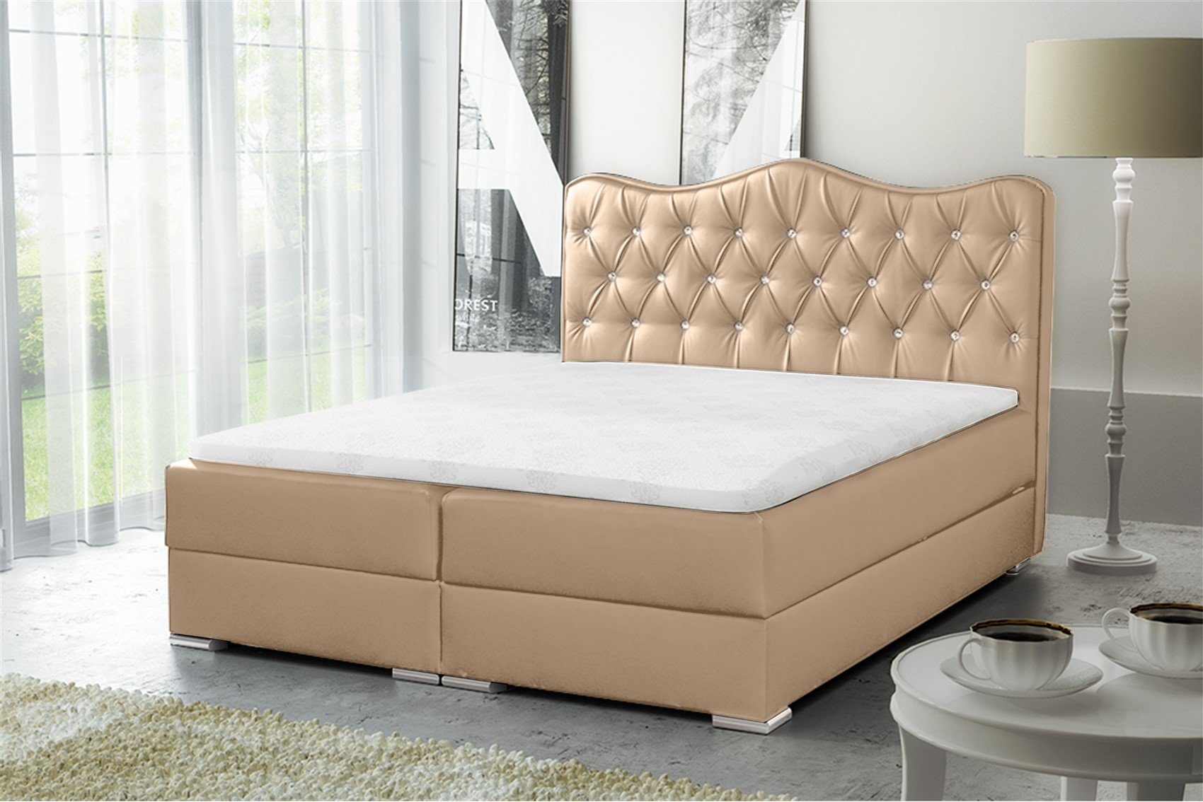 Fun Möbel Boxbett Schlafzimmerbett SULTAN in Kunstleder "Madryt" Creme (inkl. Bettkasten, 1-St., inkl. Viscoschaumtopper)