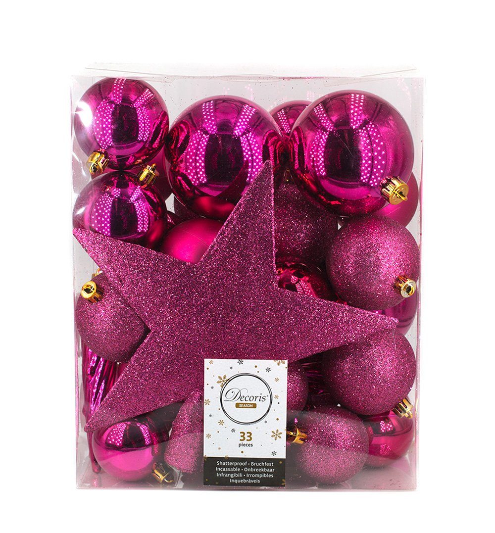 Decoris season decorations Christbaumschmuck, Weihnachtskugeln mit  Christbaumstern Kunststoff pink, 33er Set
