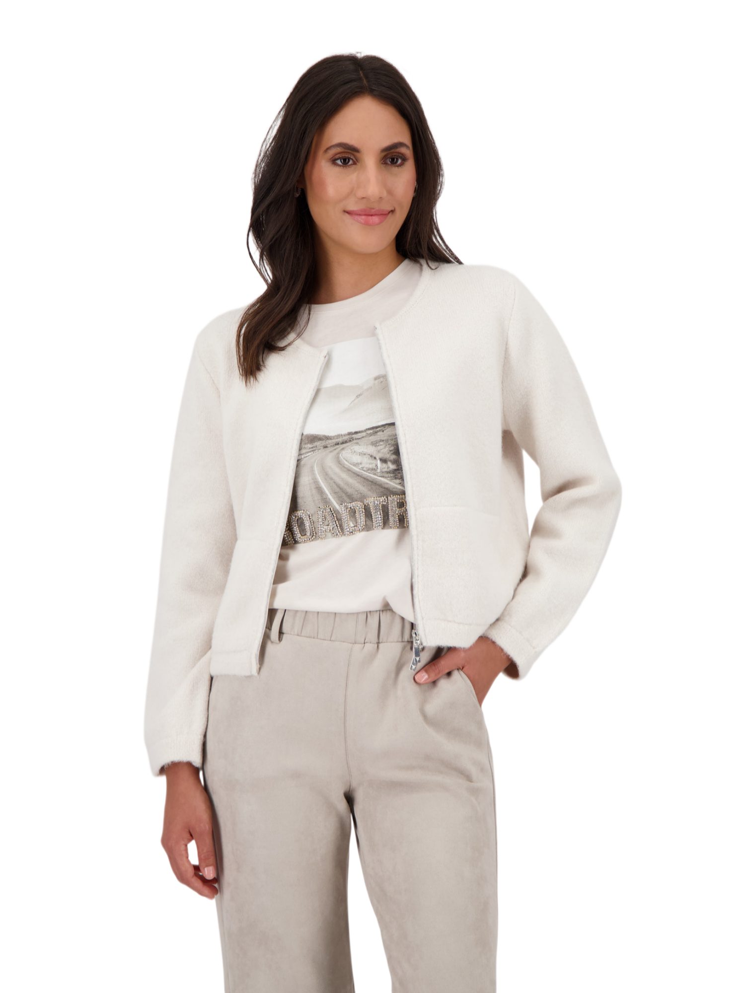 Monari Strickjacke weiß,Indoor,Polyacryl,Unifarben,Rundhals,Lang,Regular Fit