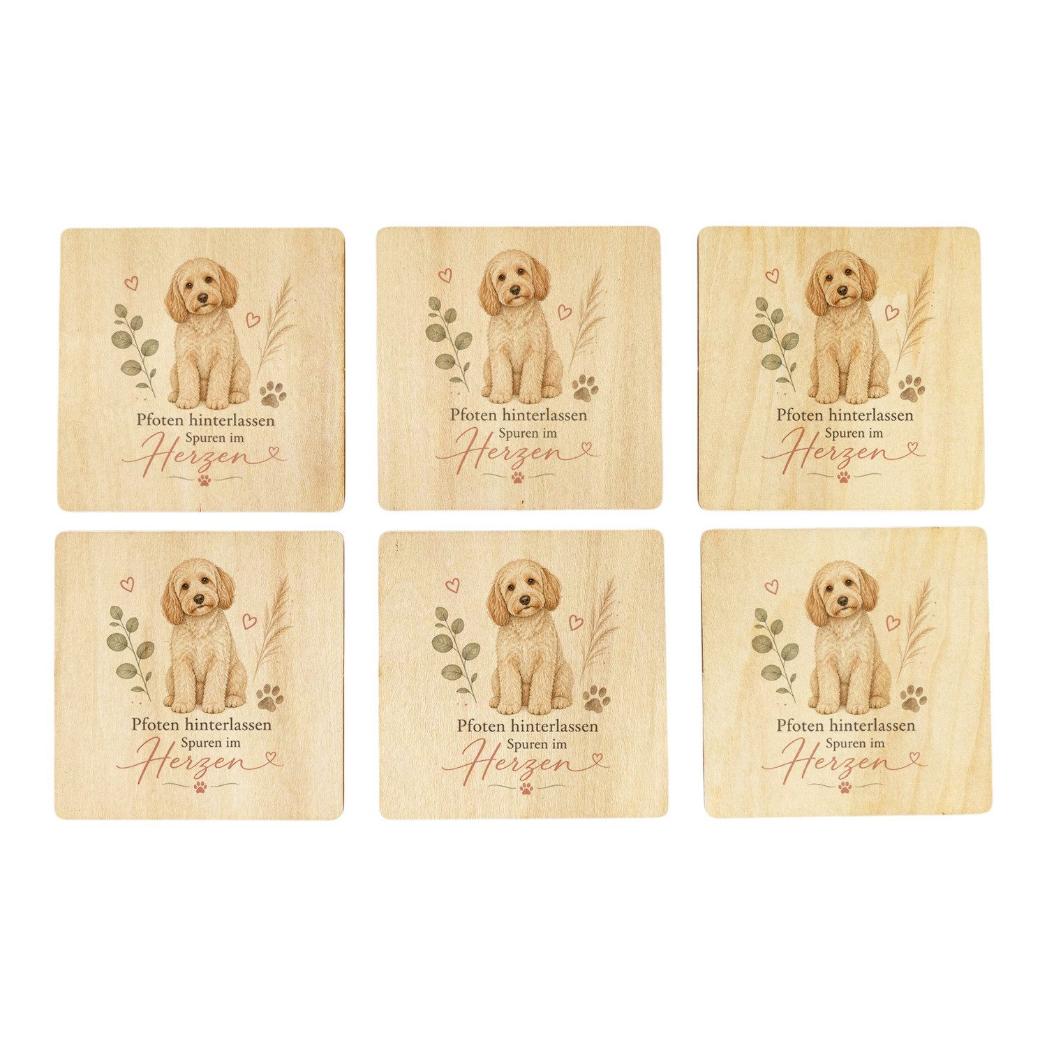 speecheese Glasuntersetzer 6er Set Untersetzer Holz Spuren im Herzen Hund und Herzmotiv Mit den
