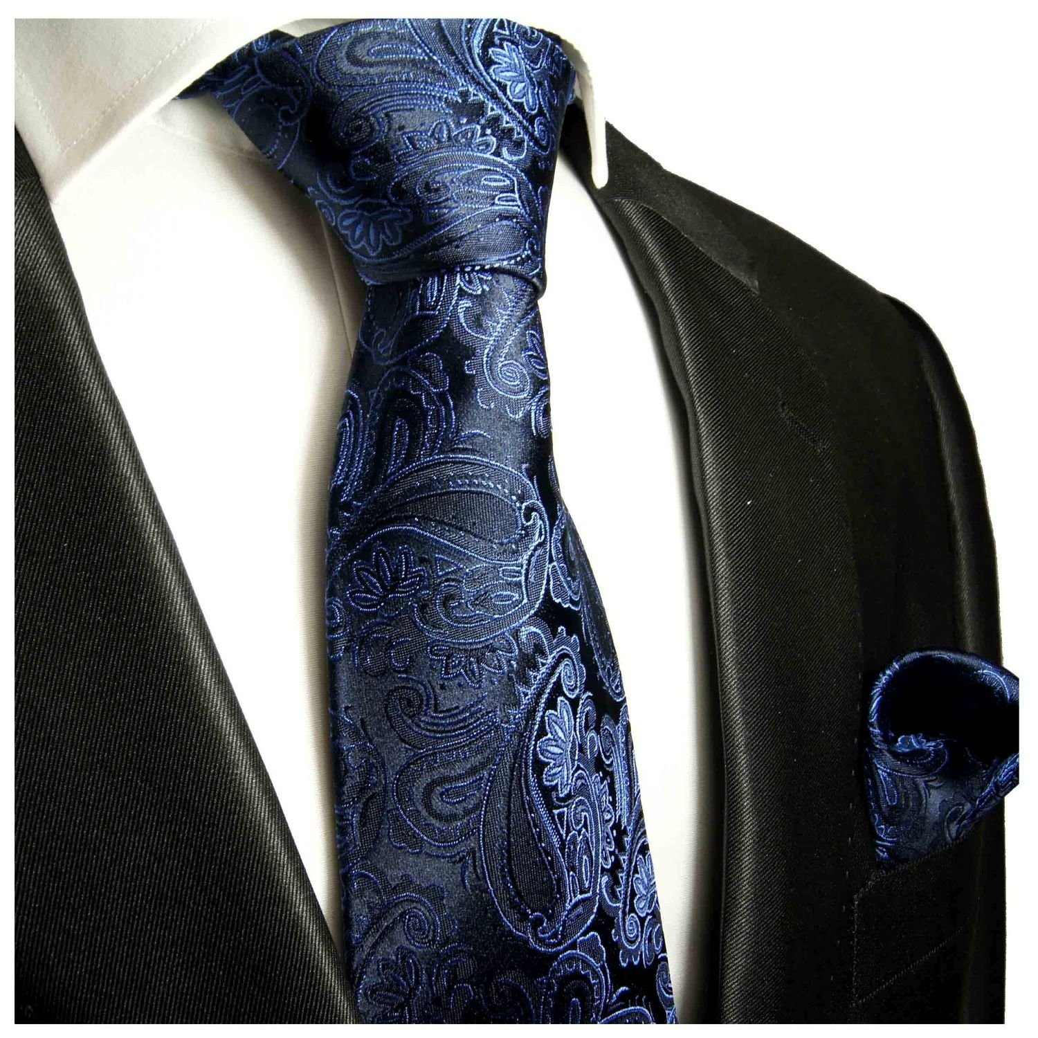 100% Malone Seidenkrawatte Tuch Paul elegant Krawatte 518 Einstecktuch) (8cm), Breit Krawatte (Set, blau Seide paisley mit mit Herren 2-St.,