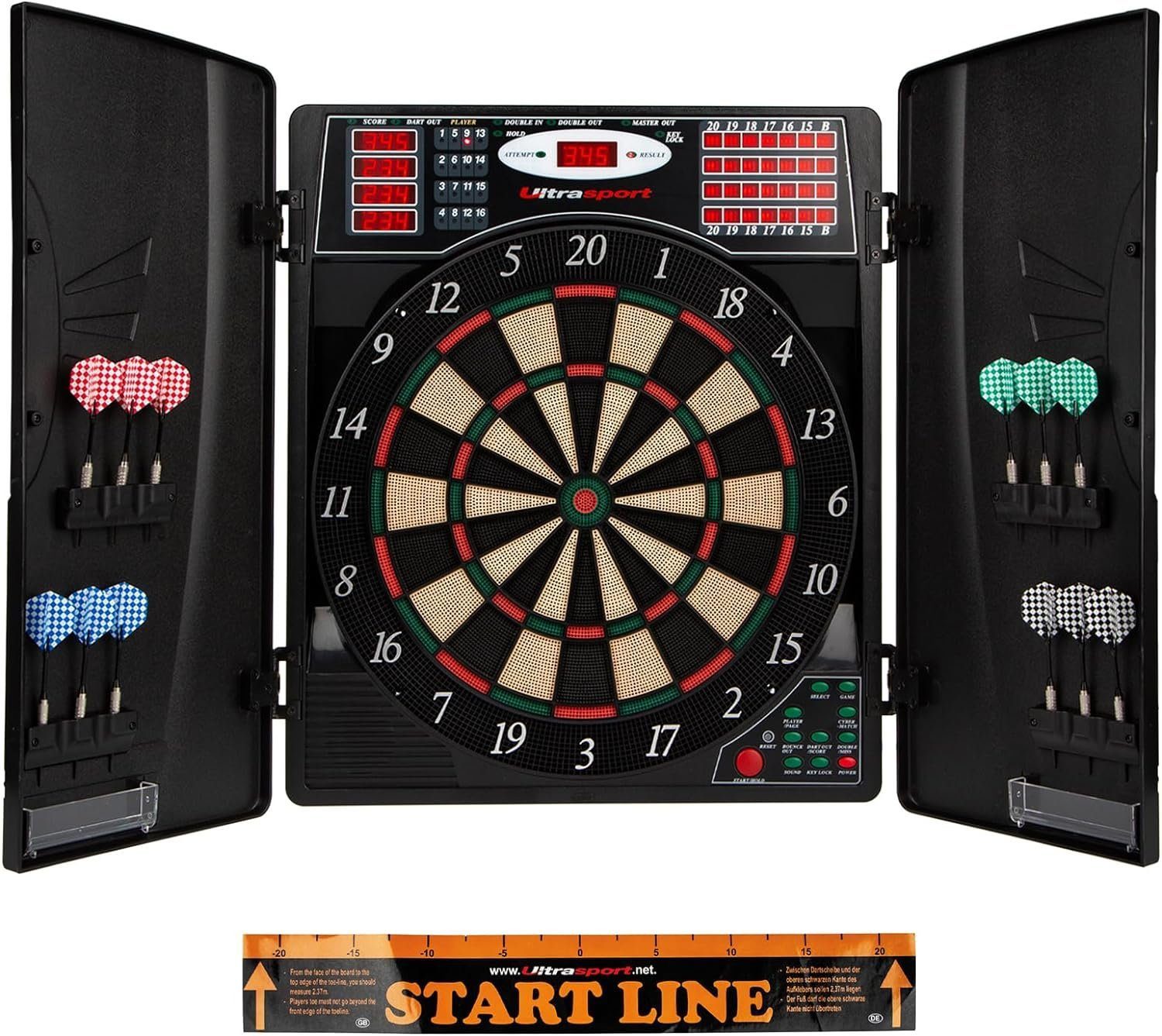 Ultrasport Dartautomat Dartscheibe elektronisch, Dartautomat Set Komplett Dart, Dartautomaten (1-16 Spieler, 38 Spielvarianten, Stahldarts mit Kunststoffflügeln, geeignet für Partys und Spieleabende, mit Türen zum verschließen), 12 Dartpfeile, Dart Scheibe Spiel