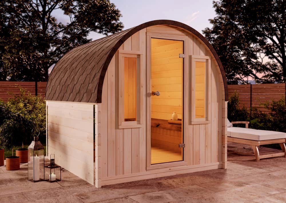 FinnTherm Fasssauna ScandiPod Comfort, BxTxH: 210 x 226 x 210 cm, 42 mm, in Naturbelassen Mit 2 Fenstern