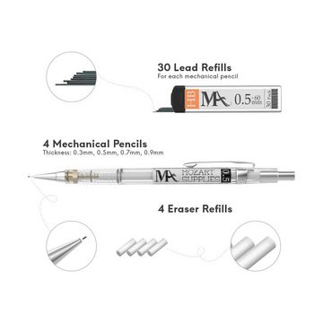 MozArt Supplies Druckbleistift 4er Set Skizzierstifte Minen 0,3 – 0,9mm Bleistift, mit Radiergummis, Ersatzminen & Etui
