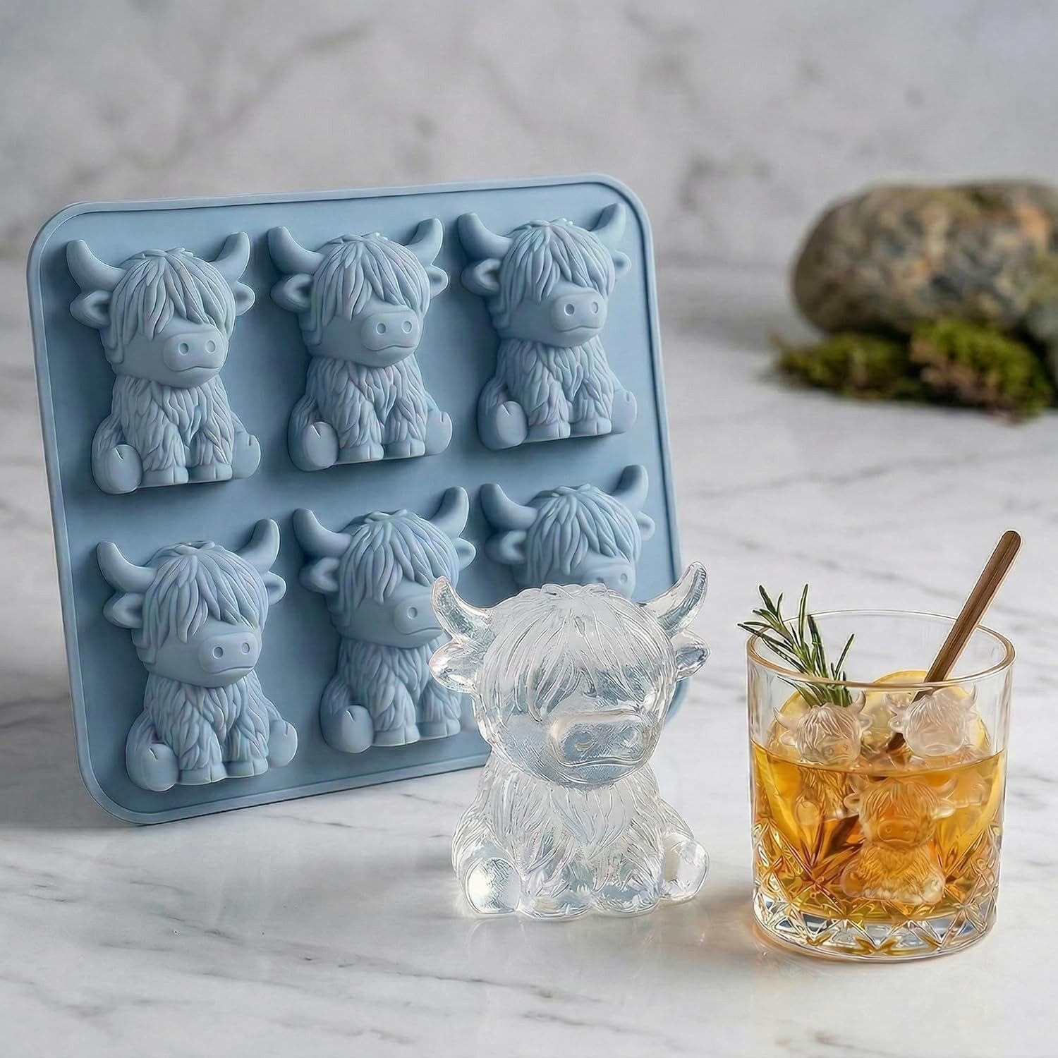 FOUORTUNATE-BEE Silikonform Hochlandrind Eiswürfelform für Whisky & Cocktails, Originelle Mini-Eiswürfel als Geschenk für Männer