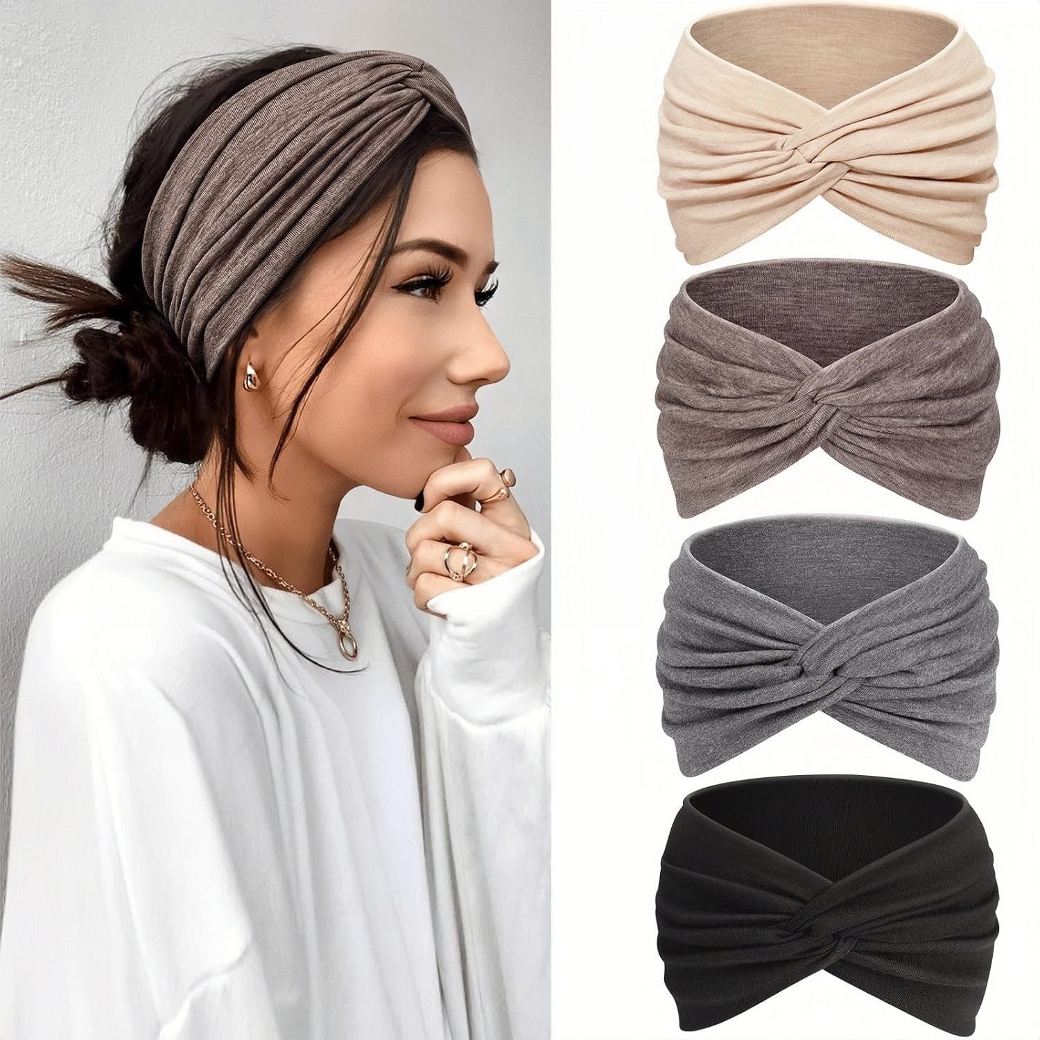 FOUORTUNATE-BEE Seidentuch Damen Haarbänder 4er-Set, breite elastische Haarbänder, (4-St), Boho Haarbänder für Yoga, Sport, Make-up und Alltag