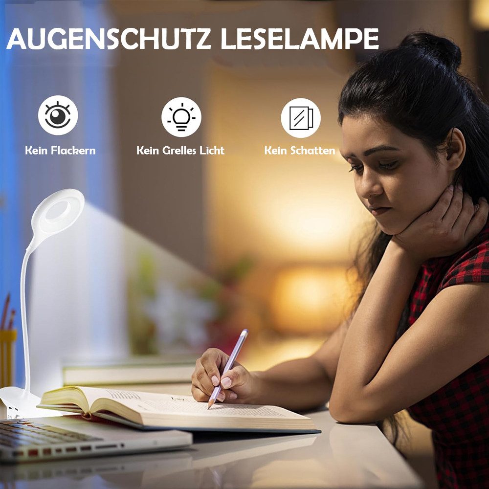 TUWENA LED Leselampe LED Klemmleuchten, Augenschone Touch Schreibtisch Klemmlampe Leselicht, Schwanenhals Leselampe,3 Helligkeitsstufen für Büro Heim Arbeitszimmer
