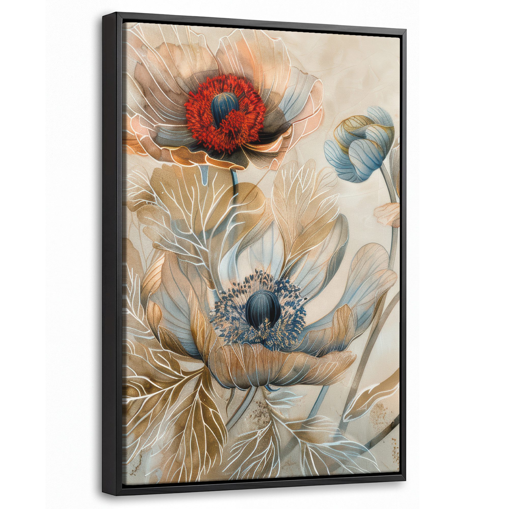 OneMillionCanvasses® Leinwandbild mit Rahmen - Blumen - Beige - Modern - Illustration, Fotodruck (1 St), Deko für Wohnzimmer Schlafzimmer Küche 20x30cm