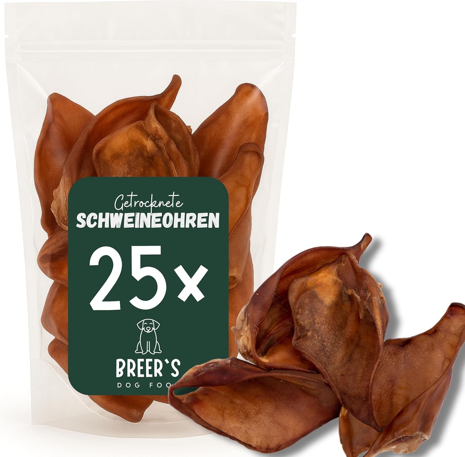 Breers Pet Food Schweineohren getrocknet 25 Stück Kausnack Hundeleckerlie, Einzelfuttermittel für: Hunde, Harter Kauartikel, Leckerli getreidefrei, Hundesnack zuckerfrei