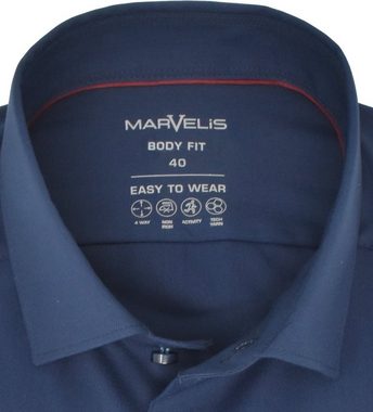 MARVELIS Businesshemd Easy To Wear Hemd - Body Fit - Langarm - Einfarbig - Dunkelblau 4-Wege-Stretch