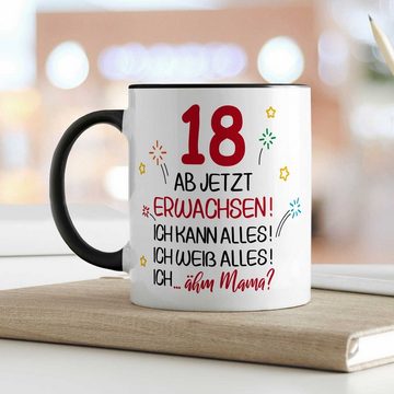 GRAVURZEILE Tasse mit Spruch - 18 ab jetzt erwachsen - Geschenk für Mädchen & Jungen, zum 18. Geburtstag - Geburtstagsgeschenk - Schwarz & Weiß