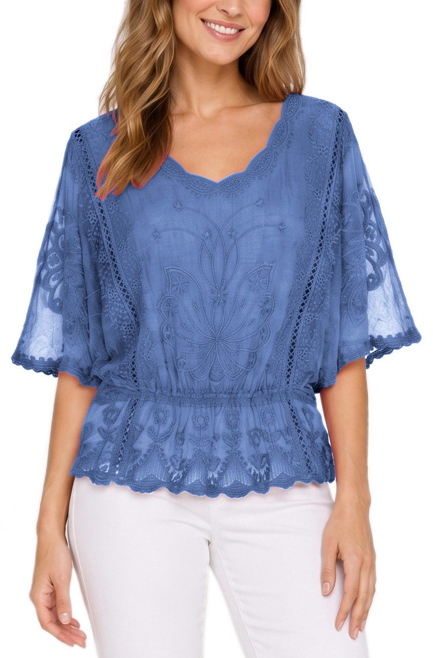 dy_mode Spitzenbluse Damen Sommerbluse mit Spitze Kurzarm Oberteil Einfarbig Transparent in Unifarbe, transparenten Ärmel