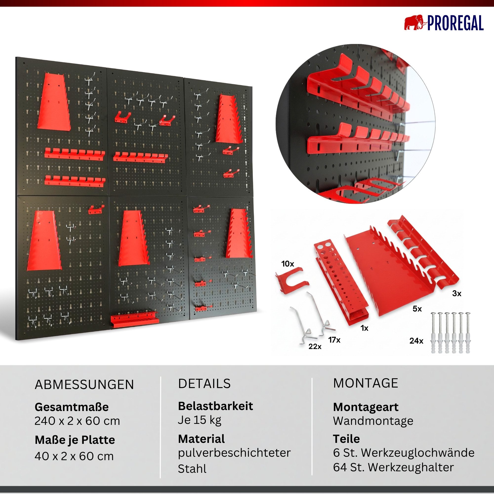 PROREGAL® Lochwand Lochwand Set ARES 40x60cm mit Haken & Halterungen Werkzeugwand