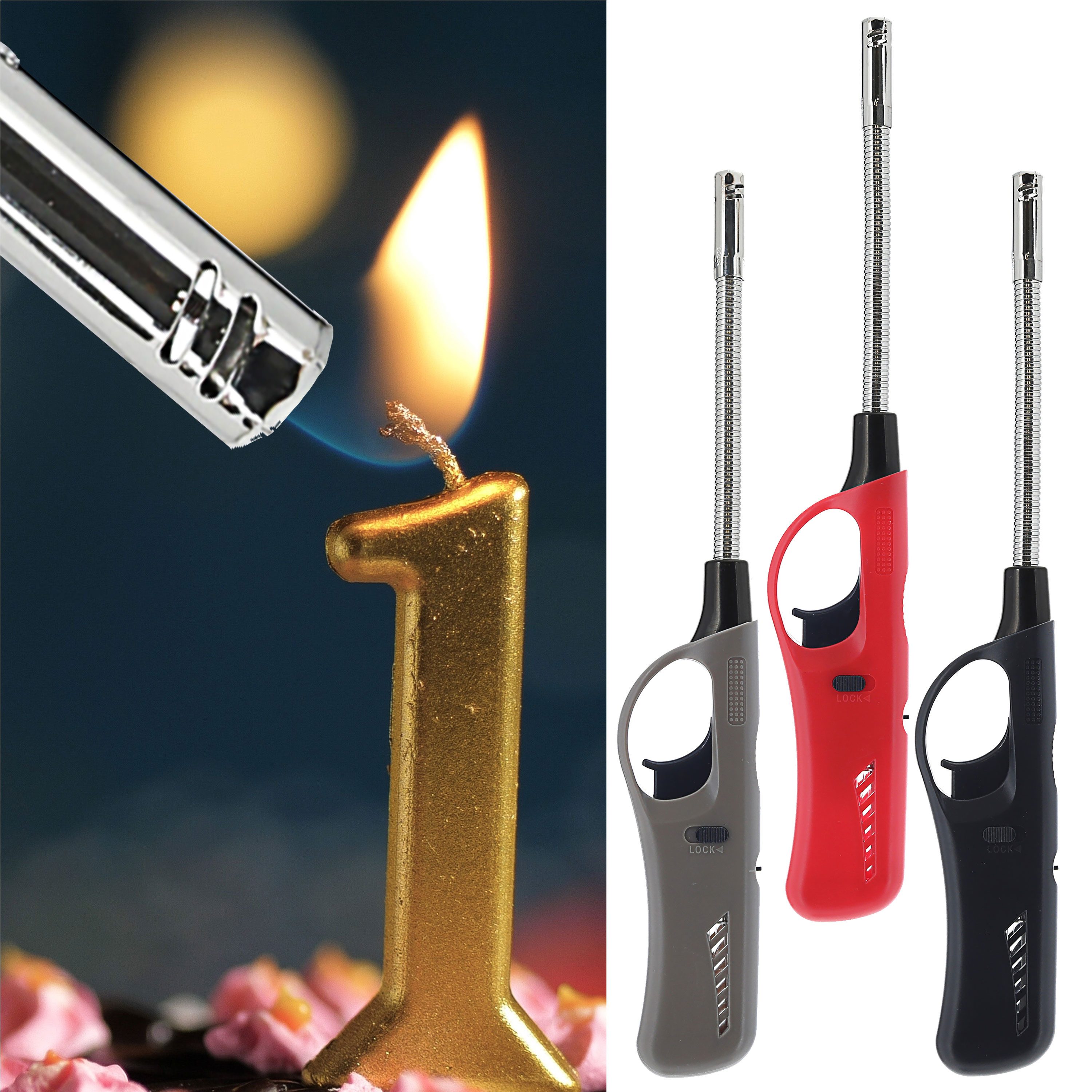 CEPEWA Feuerzeug Stabfeuerzeug 3er Set flexibel 3 Farben ABS Eisen 4,5x27x2cm füllbar – Bild 4 von 5