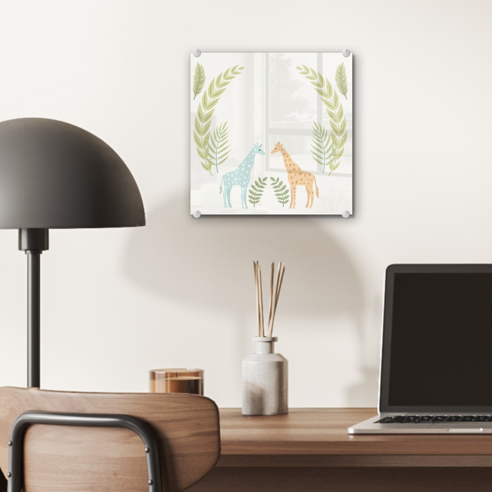 MuchoWow Acrylglasbild Illustration von Wanddekoration auf Glasbilder Giraffen auf St), (1 - und - Glas Pflanzen, Glas Wandbild Foto Bilder 