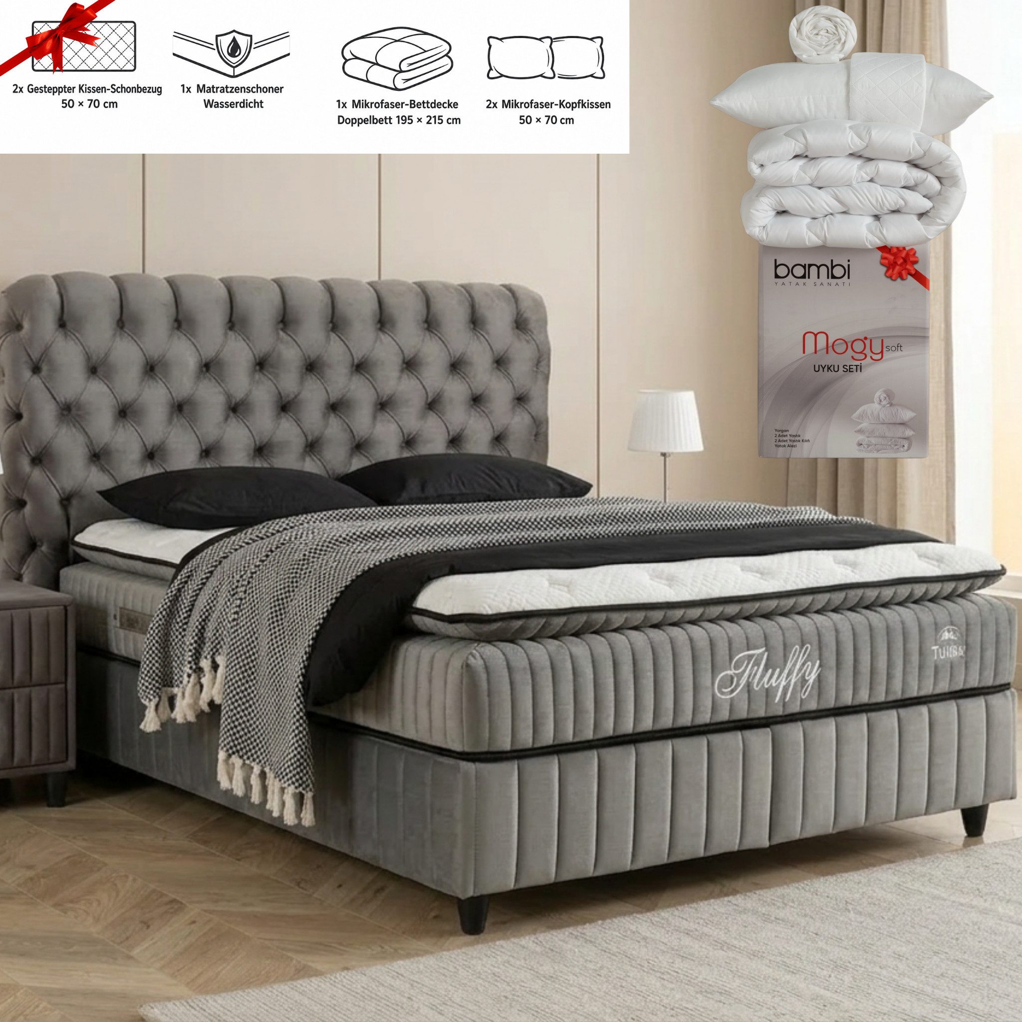 gowoll Boxspringbett Chesterfield Bett 180-140 x 200 Boxpringbett mit Matratze (7 Zonen Allergenfrei & Atmungsaktiv, Orthopädische Matratze mit Topper, 1x Matratze, 2x Bettkasten, 1x Kopfteil), mit Komforteinstiegshöhe von 67cm
