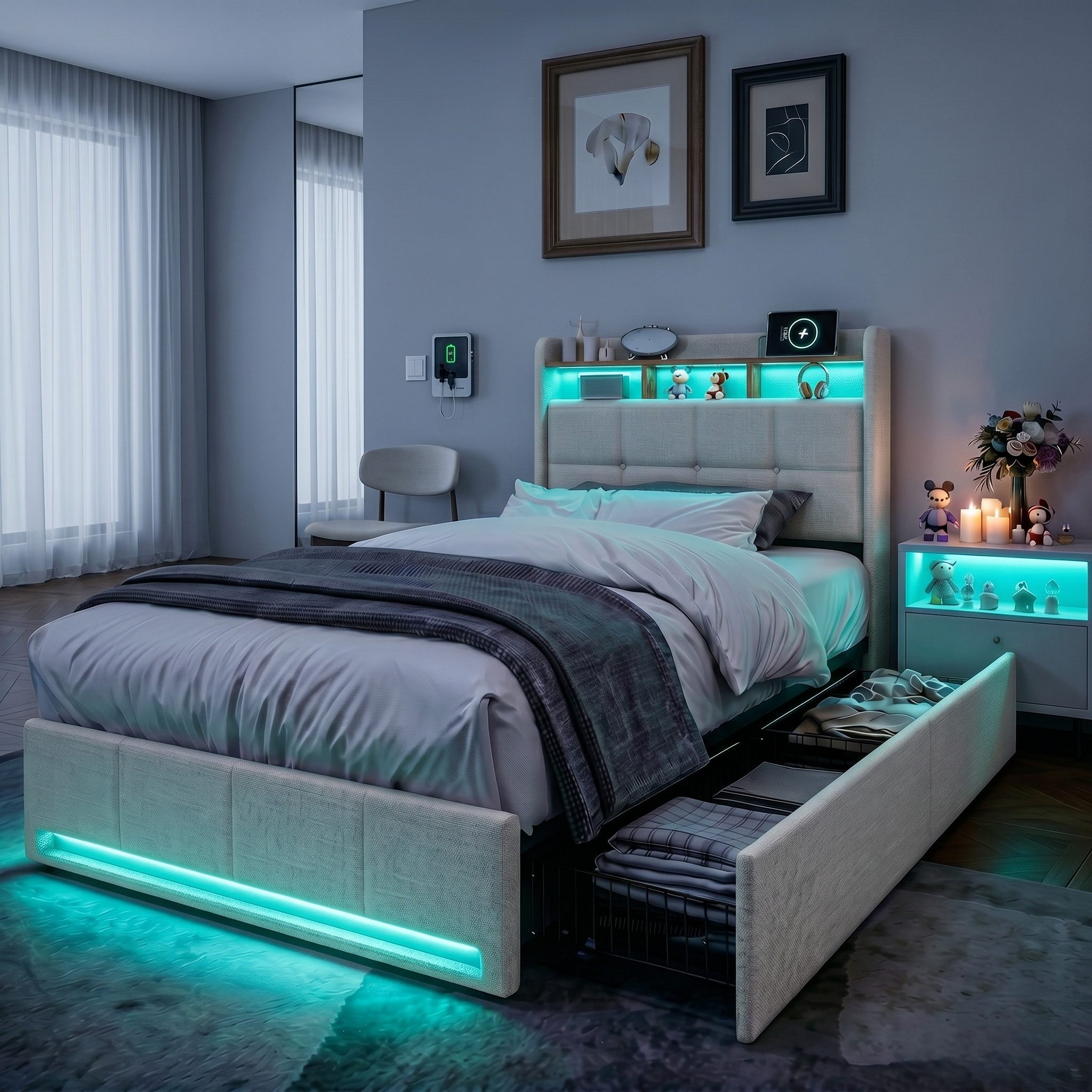 Furnishings Home Polsterbett LED Doppelbett 140x200 cm, Stauraumbett mit Kopfteil und 4 Schubladen (Leinenmaterial Polsterbett mit RGB Beleuchtung), mit Lattenrost und Ladefunktion, mit Komforthöhe, Leises Design Bett