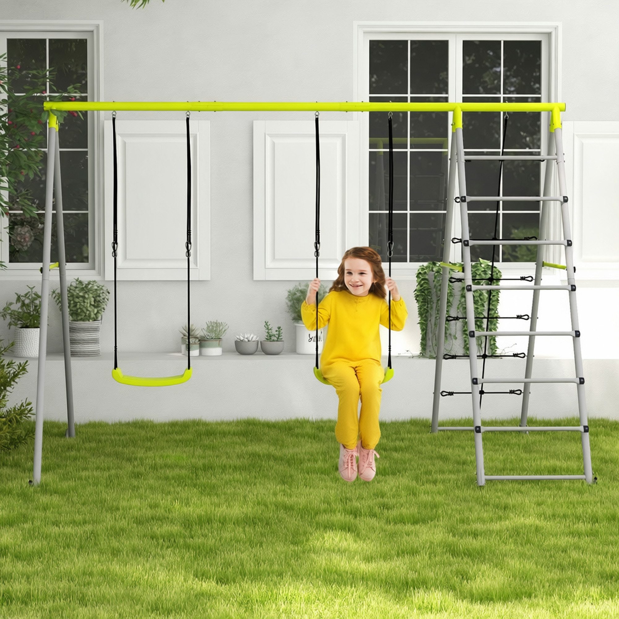 Outsunny Einzelschaukel Kinderschaukel, Kletternetz, Schaukelgerüst, 3-8 Jahre Kinder, (Gartenschaukel, 1-tlg., Schaukelgestell), für Garten, Balkon, Grün
