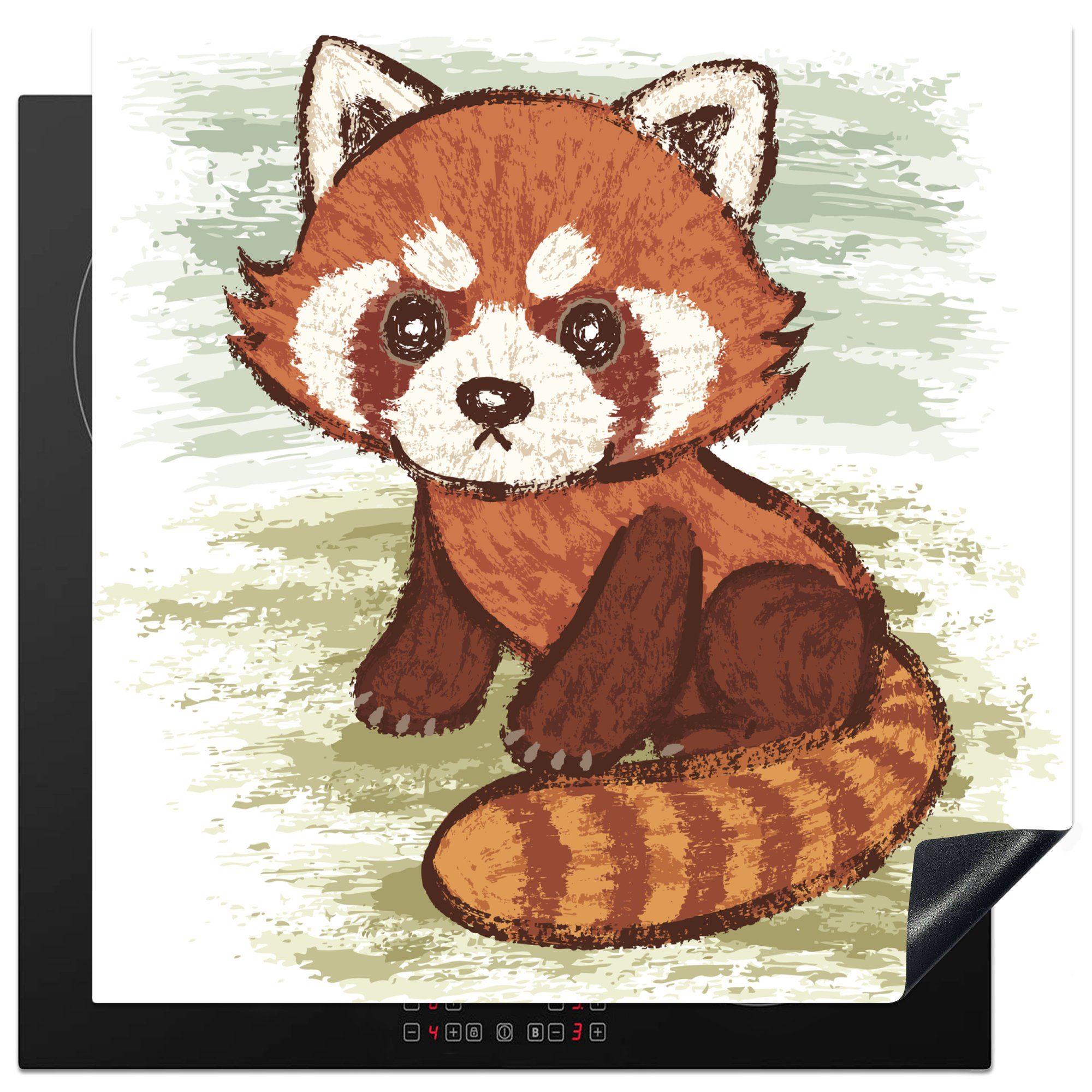 MuchoWow Herdblende-/Abdeckplatte Illustration eines roten Pandas im Gras, Vinyl, (1 tlg), 78x78 cm, Ceranfeldabdeckung, Arbeitsplatte für küche