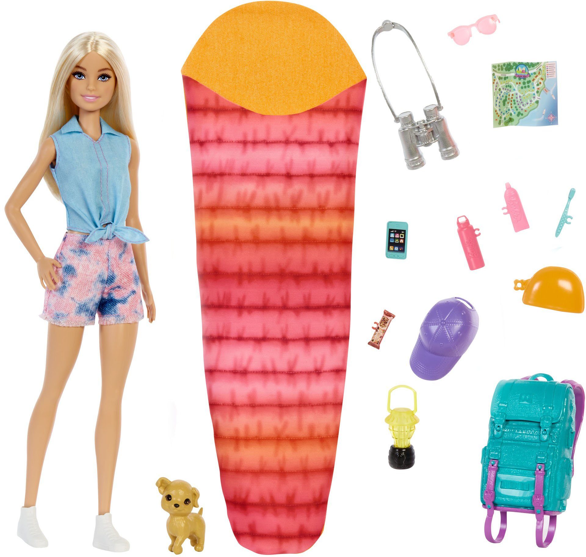 Barbie Anziehpuppe It Hund Zubehör inkl. Malibu takes two Puppe, & Camping-Set