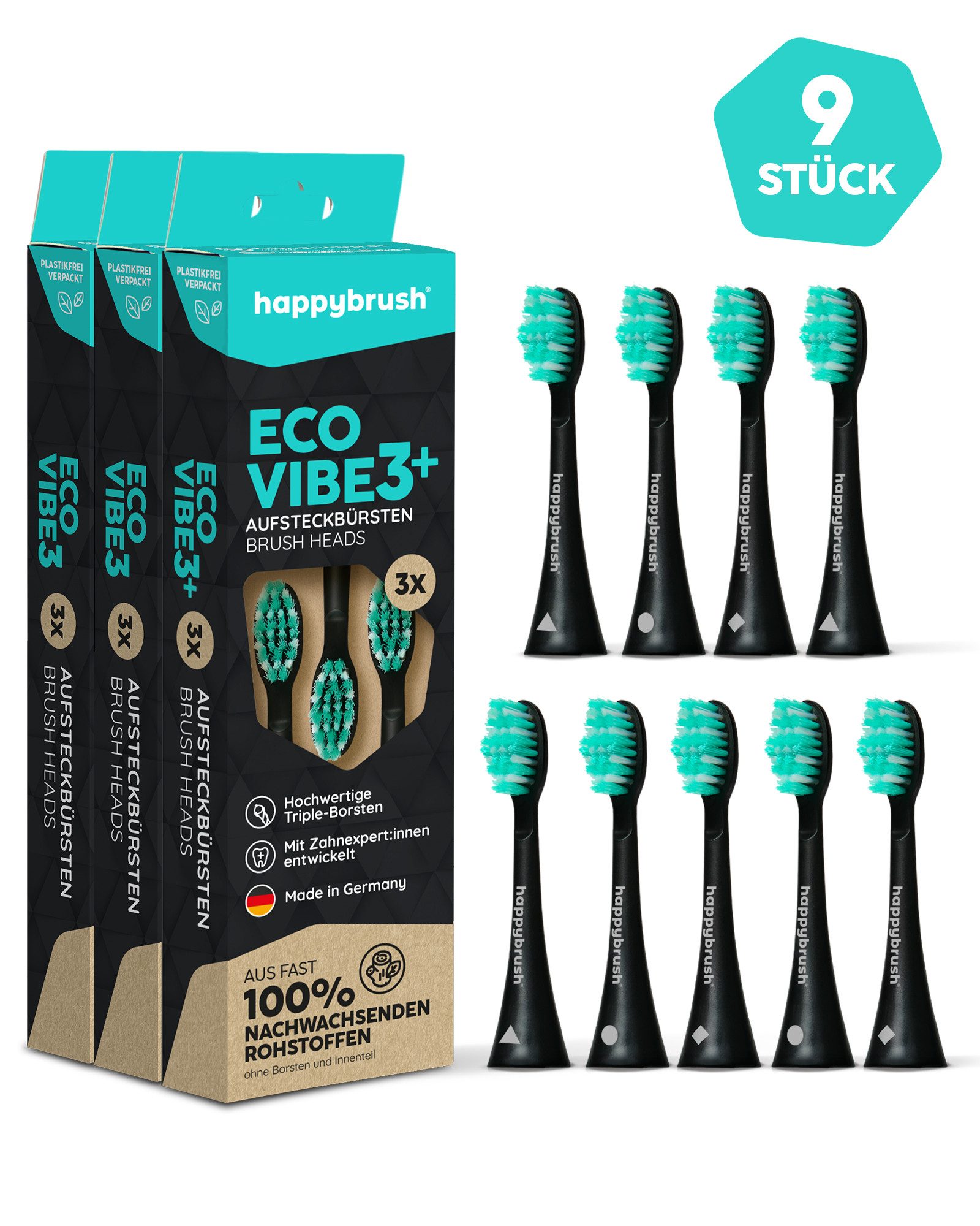 happybrush Aufsteckbürsten 3x3 black-mint, Spar-Set, für happybrush Eco Vibe 3, hochwertige Triple-Borsten, Wechselindikator