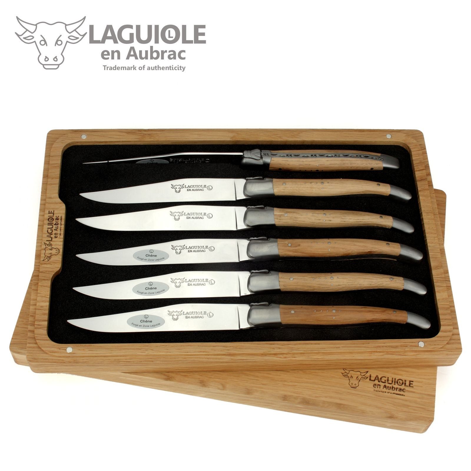 Laguiole en Aubrac Steakmesser 62C99CHIH 6er Set - Griff Eichenholz - Backen matt - Klinge glänzend - Holzbox