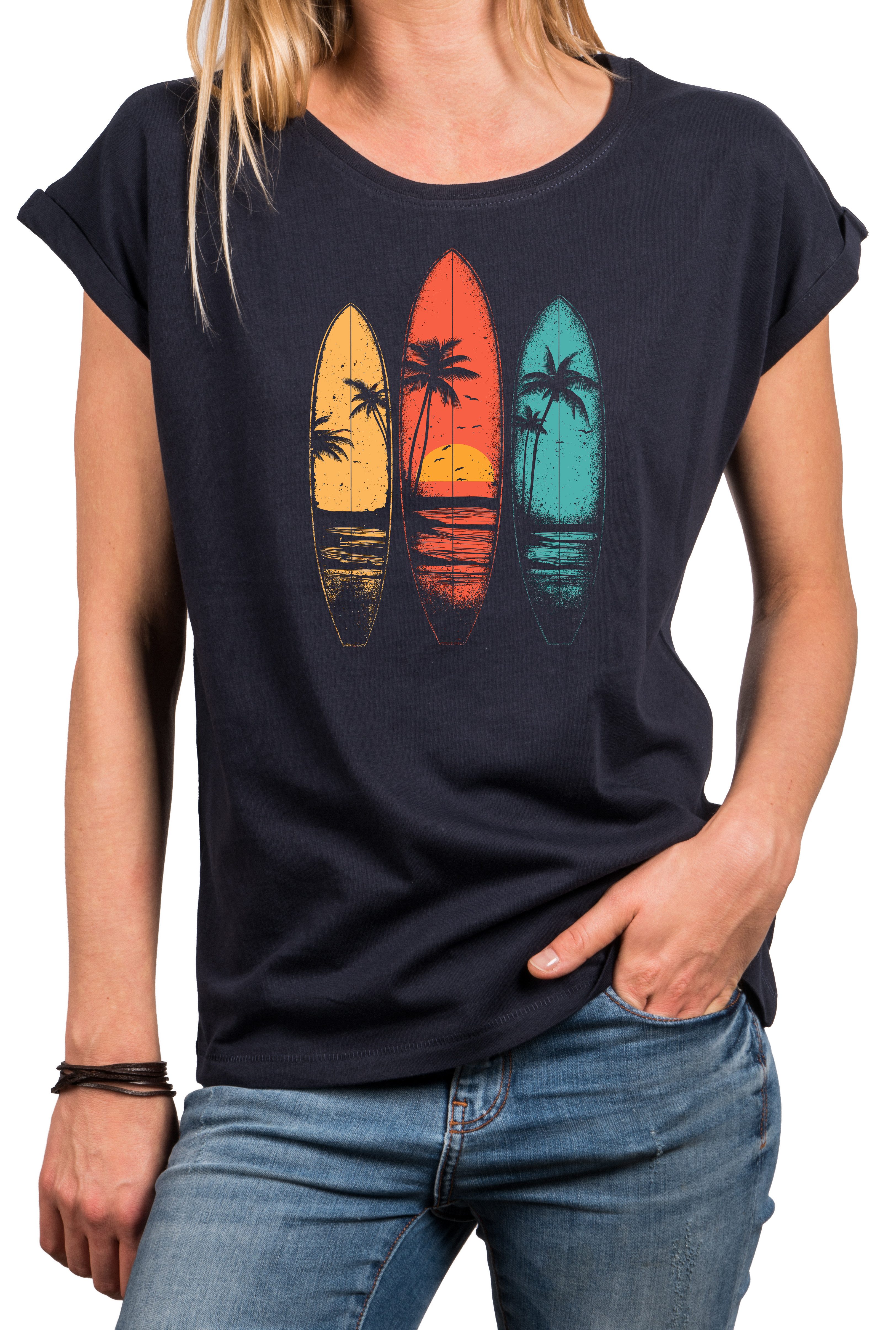 MAKAYA T-Shirt Vintage Damen T-Shirt mit Surfbrett-Print, Retro Surf-Motiv (Schwarz, Blau, Dunkelgrau, 34, 36, 38, 40, 42, 44, 46, 48, 50) Baumwolle