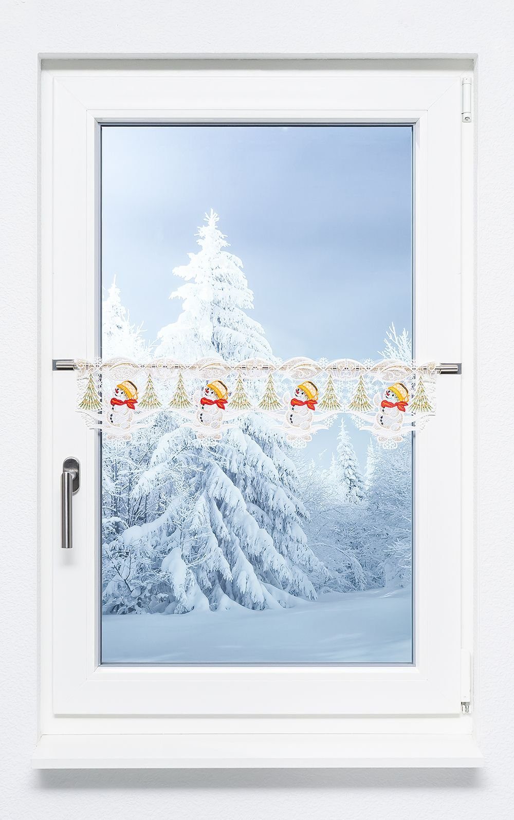 Plauener Spitze® Scheibengardine Frostiger Waldbewohner (1 St), transparent, HxB 16x48cm