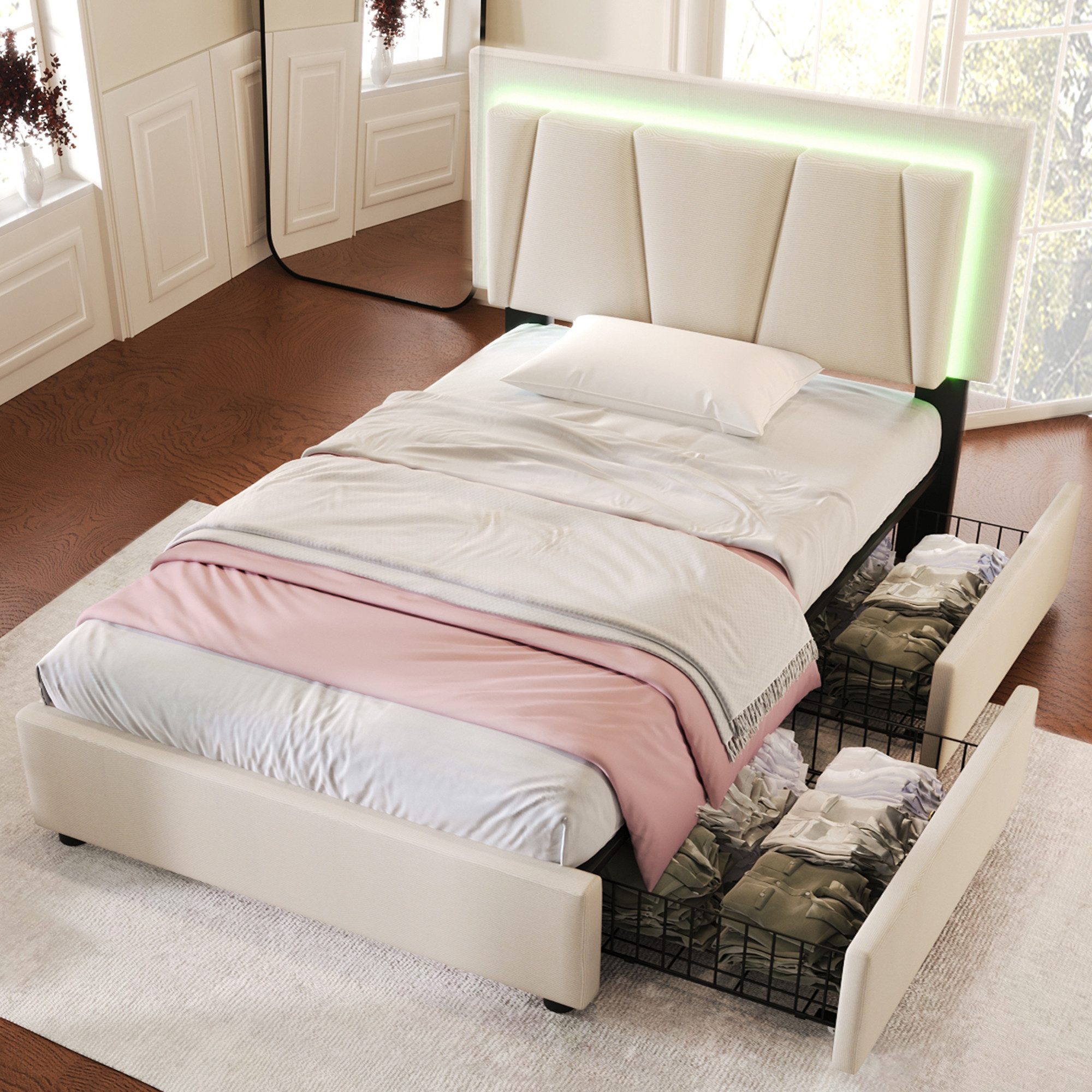 STILVORA Polsterbett 90x200 Stauraumbett Bettgestell mit LED & verstellbarem Kopfteil (90x200cm Ohne Matratze mit LED-Beleuchtung und 2 Schubladen)