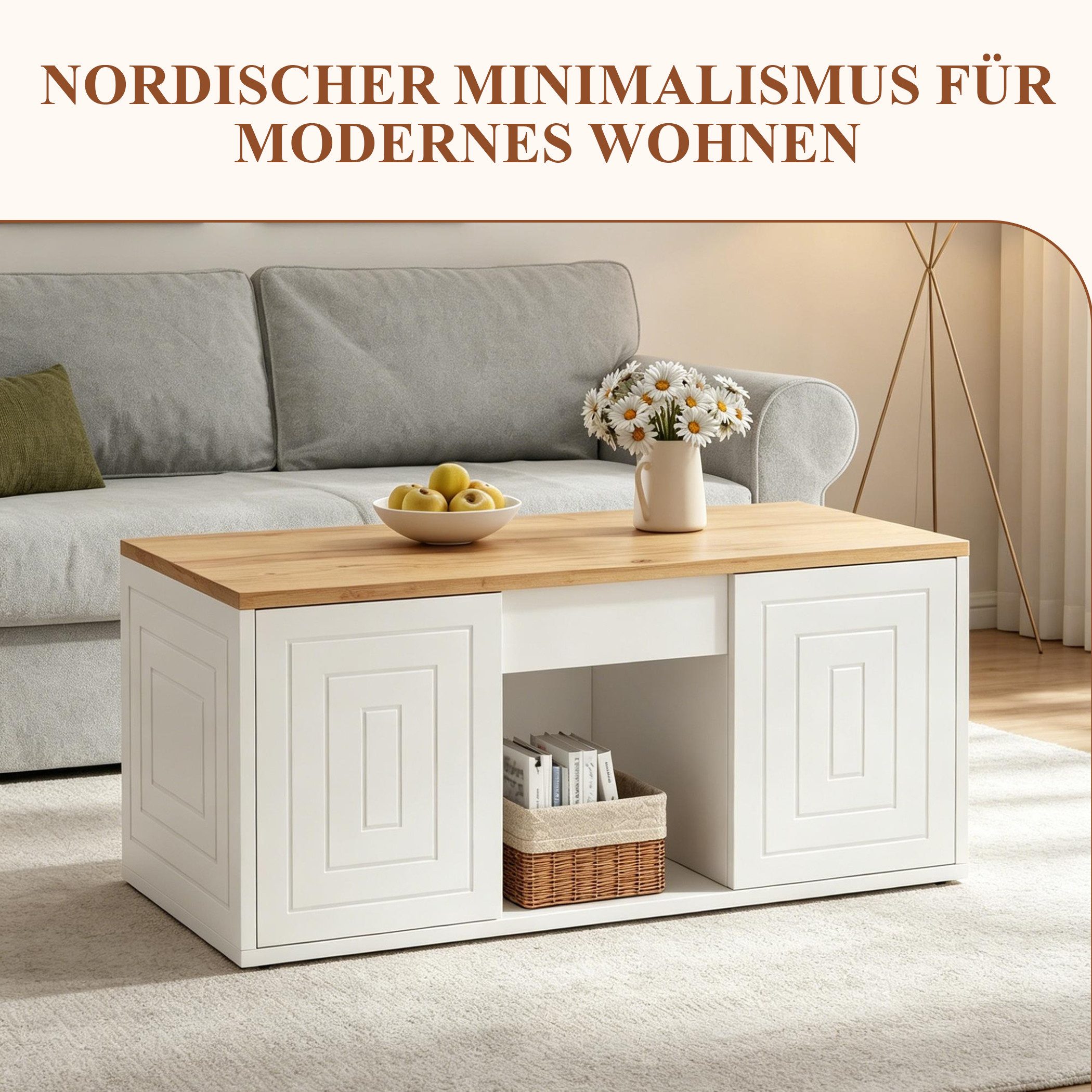 SeedWave Couchtisch Moderner Sofatisch mit Höhenverstellbarer Tischplatte bis Höhe 59cm, Skandinavischer Minimalstil, Stubentisch mit versteckten Staufächern