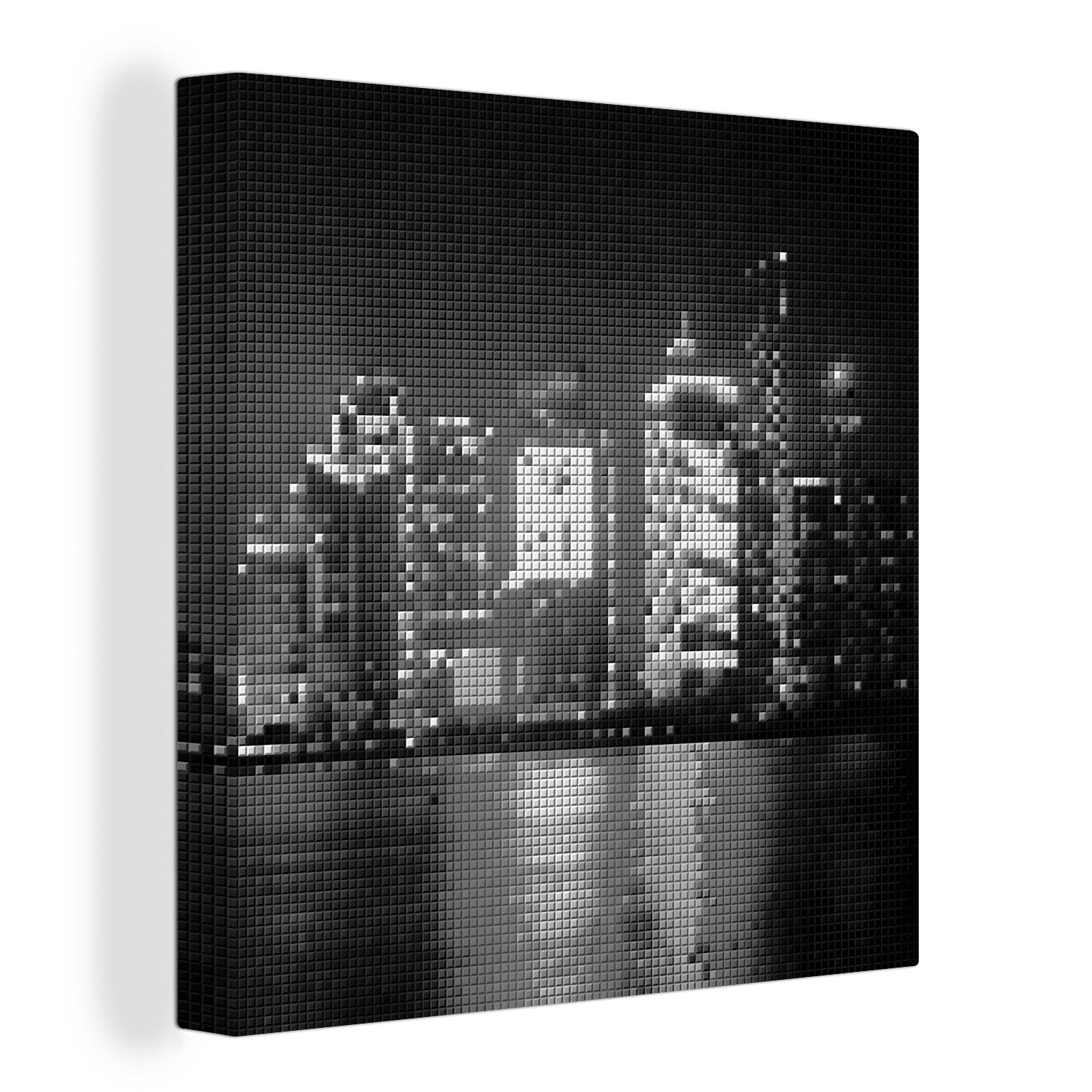 OneMillionCanvasses® Leinwandbild Mosaikmuster einer Stadt bei Nacht - schwarz und weiß, (1 St), Leinwand Bilder für Wohnzimmer Schlafzimmer