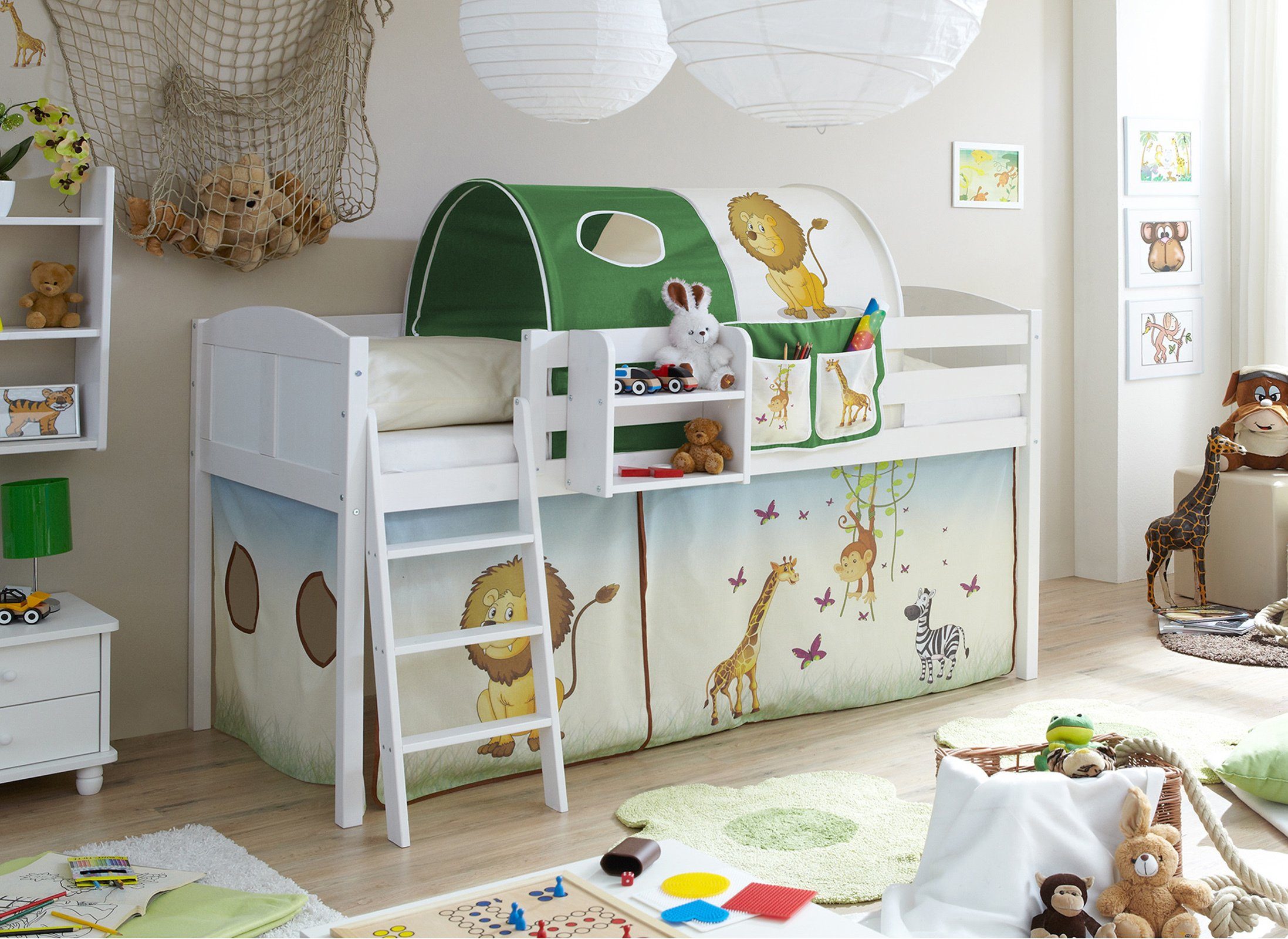Ticaa Hochbett Hochbett "Eric" Country Kiefer Weiß Motiv